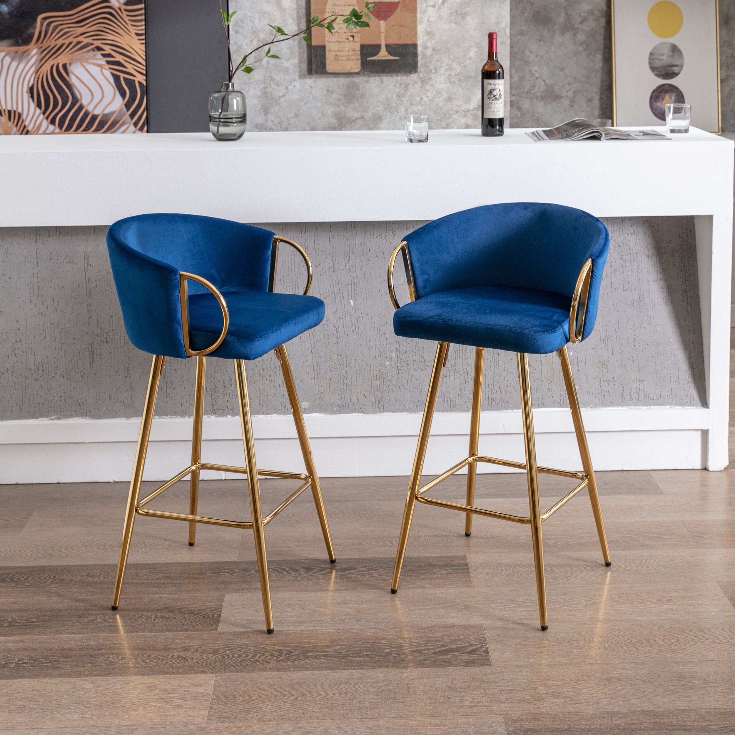 30 Inch Set of 2 Bar Stools,with Chrome Footrest and Base Velvet + Golden Leg Simple Bar Stool,BLUE