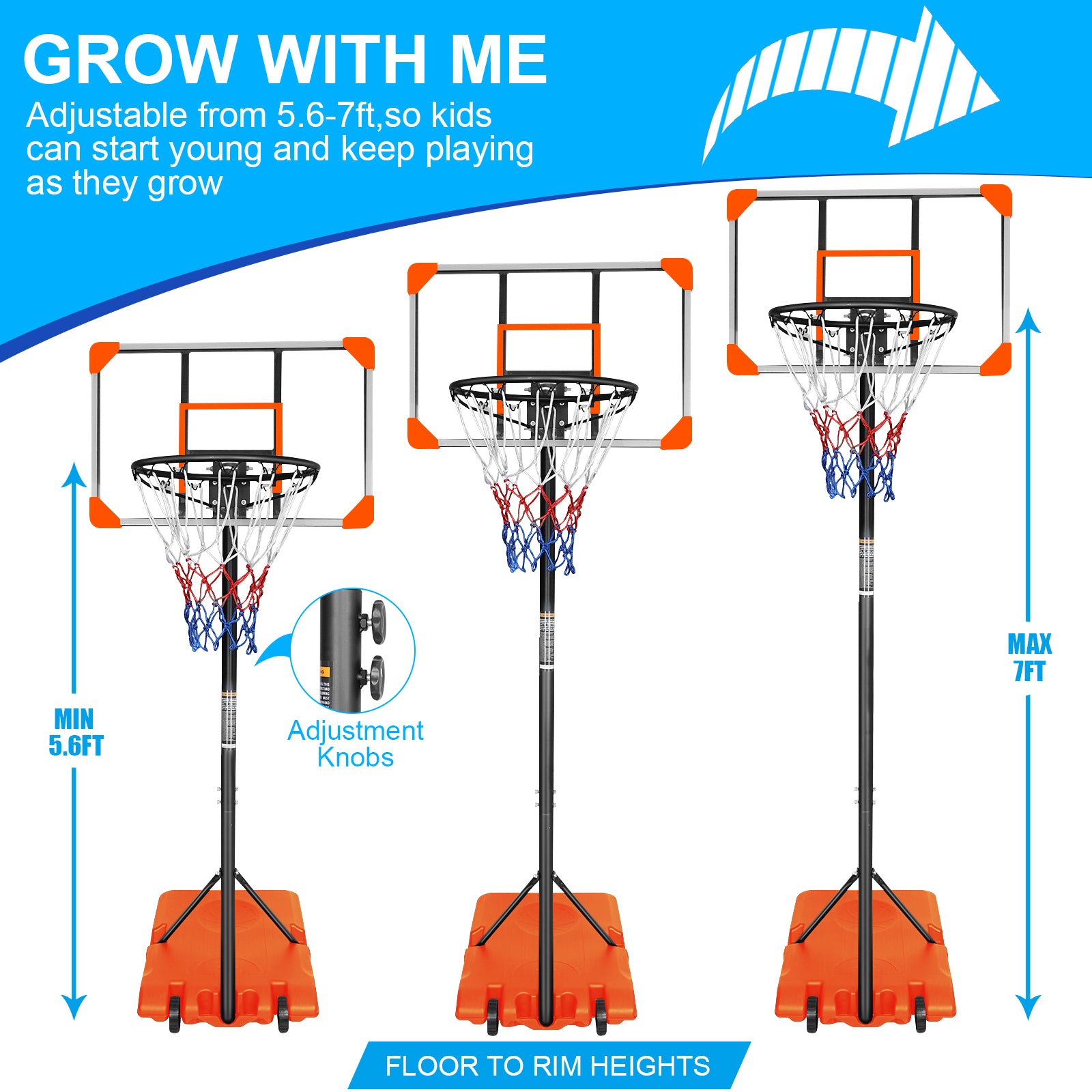 Portable Basketball Goal System with Stable Base and Wheels, use for Indoor Outdoor teenagers youth height adjustable 5.6 to 7ft Basketball Hoop 28 Inch Backboard