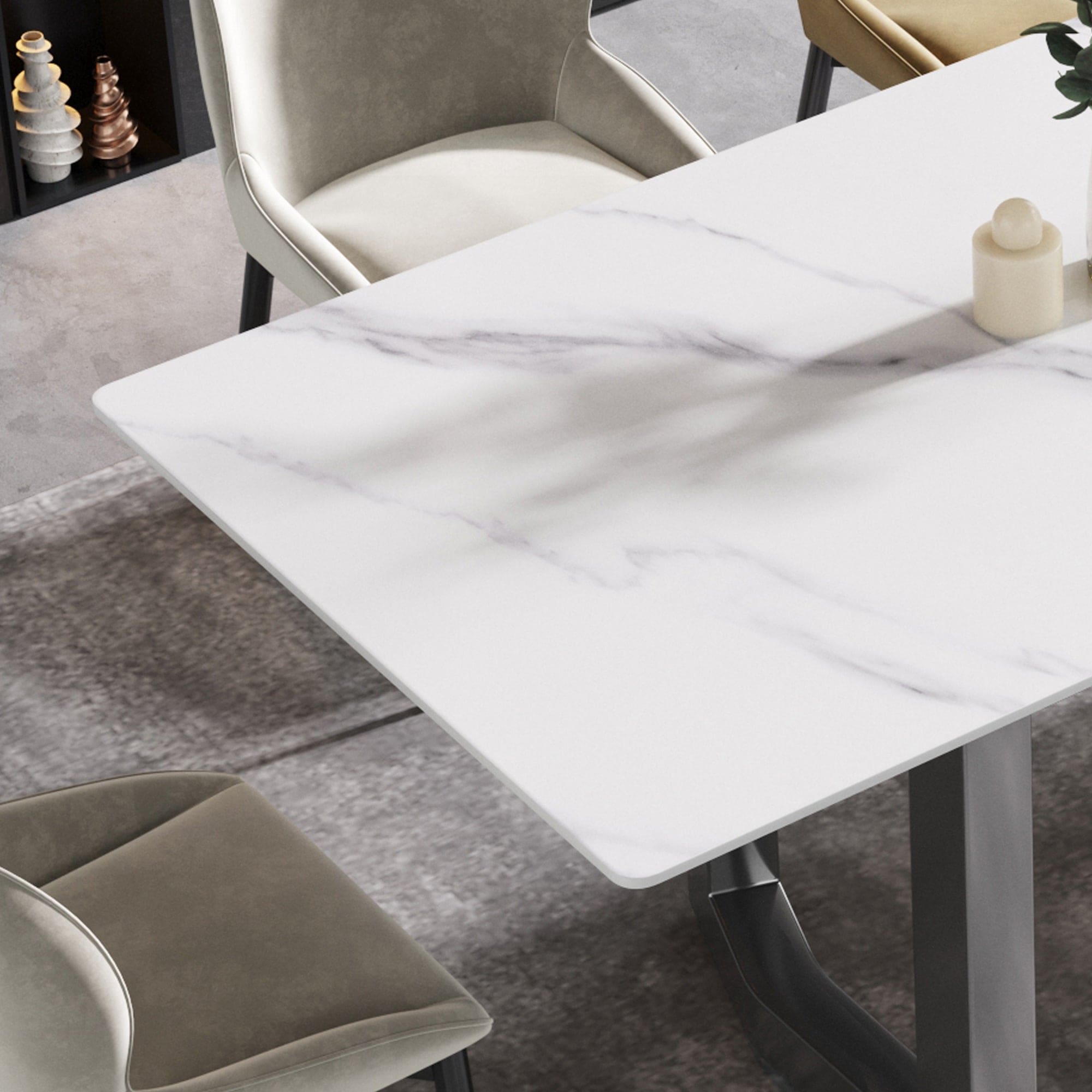 70.87" modern artificial stone white straight edge black metal leg dining table-can accommodate 6-8 people