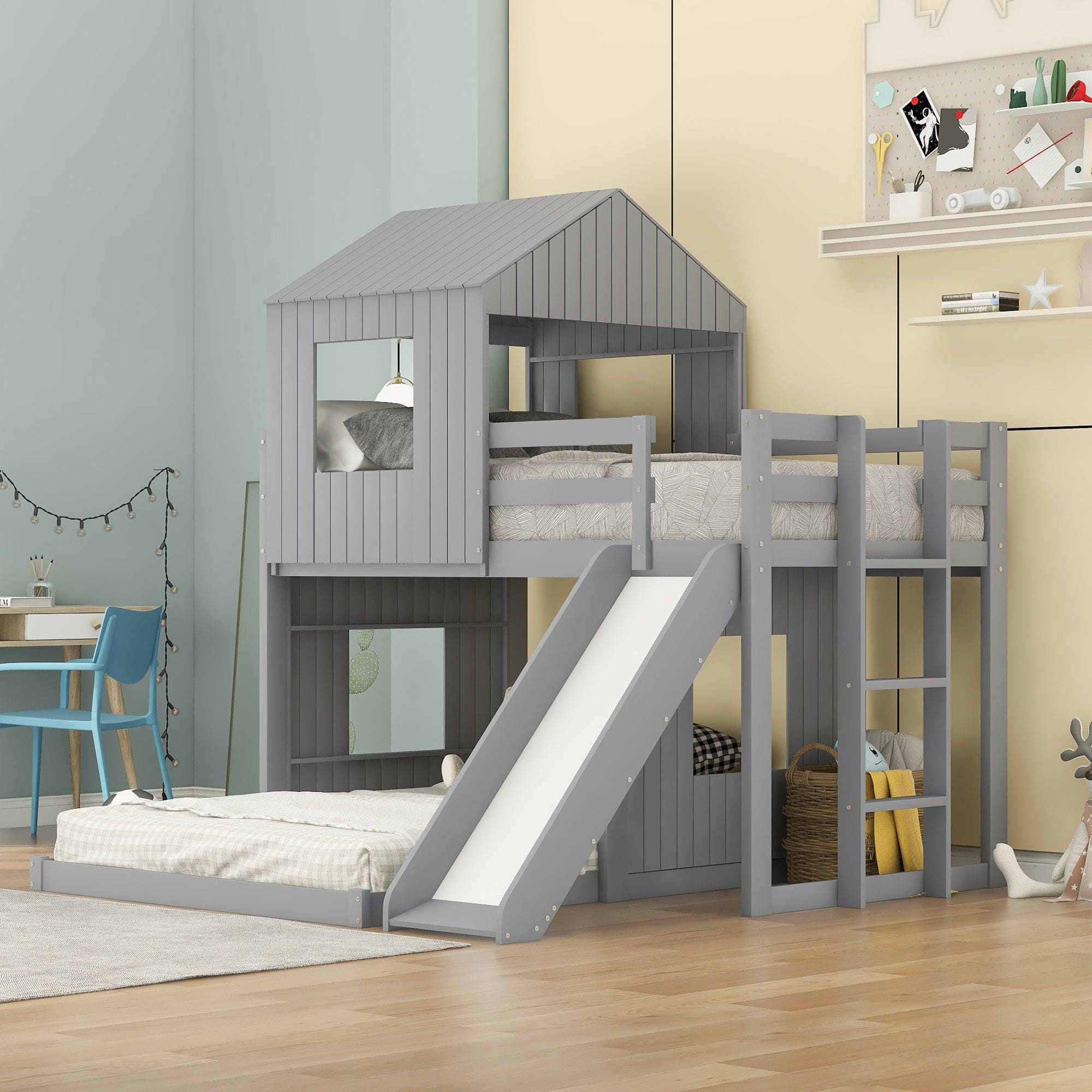 Wooden Twin Over Full Bunk Bed, Loft Bed with Playhouse, Farmhouse, Ladder, Slide and Guardrails, Gray(OLD SKU :LT000028AAN)