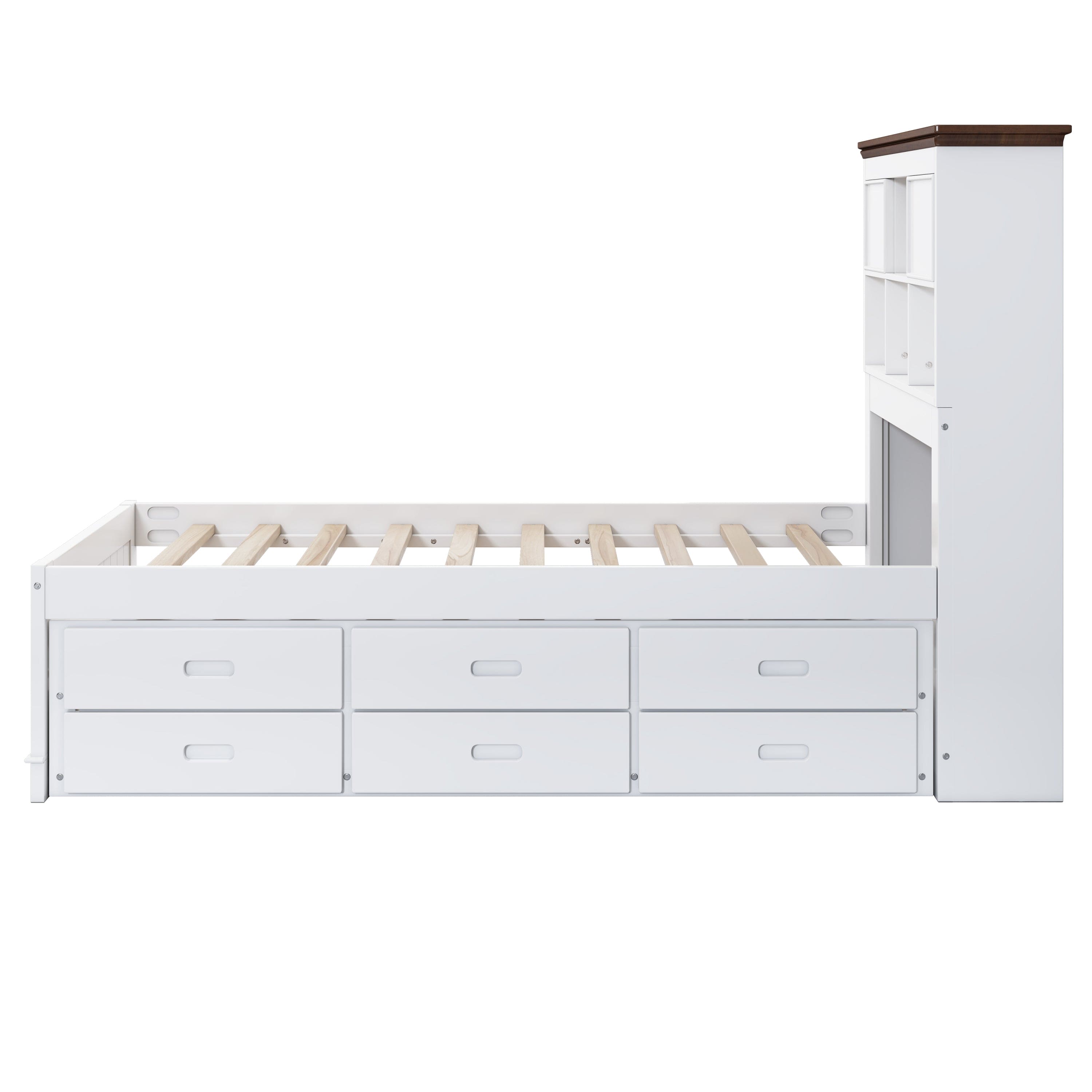 Solid Pine Captain Bookcase Bed with Trundle Bed and 3 Spacious Under Bed Drawers in Casual,Full, White+Walnut