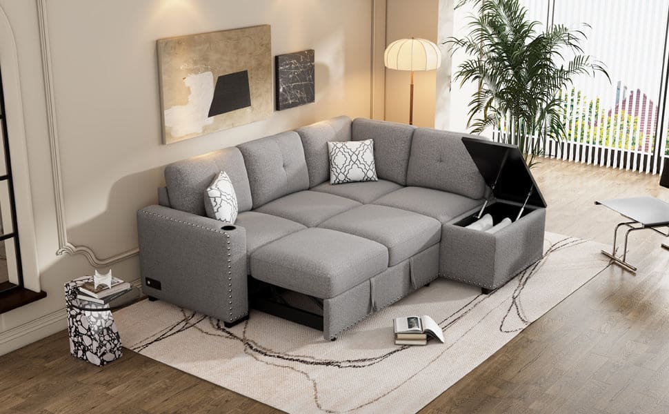 Sofa Bed L-Shaped Corner Sofa, Light Gray