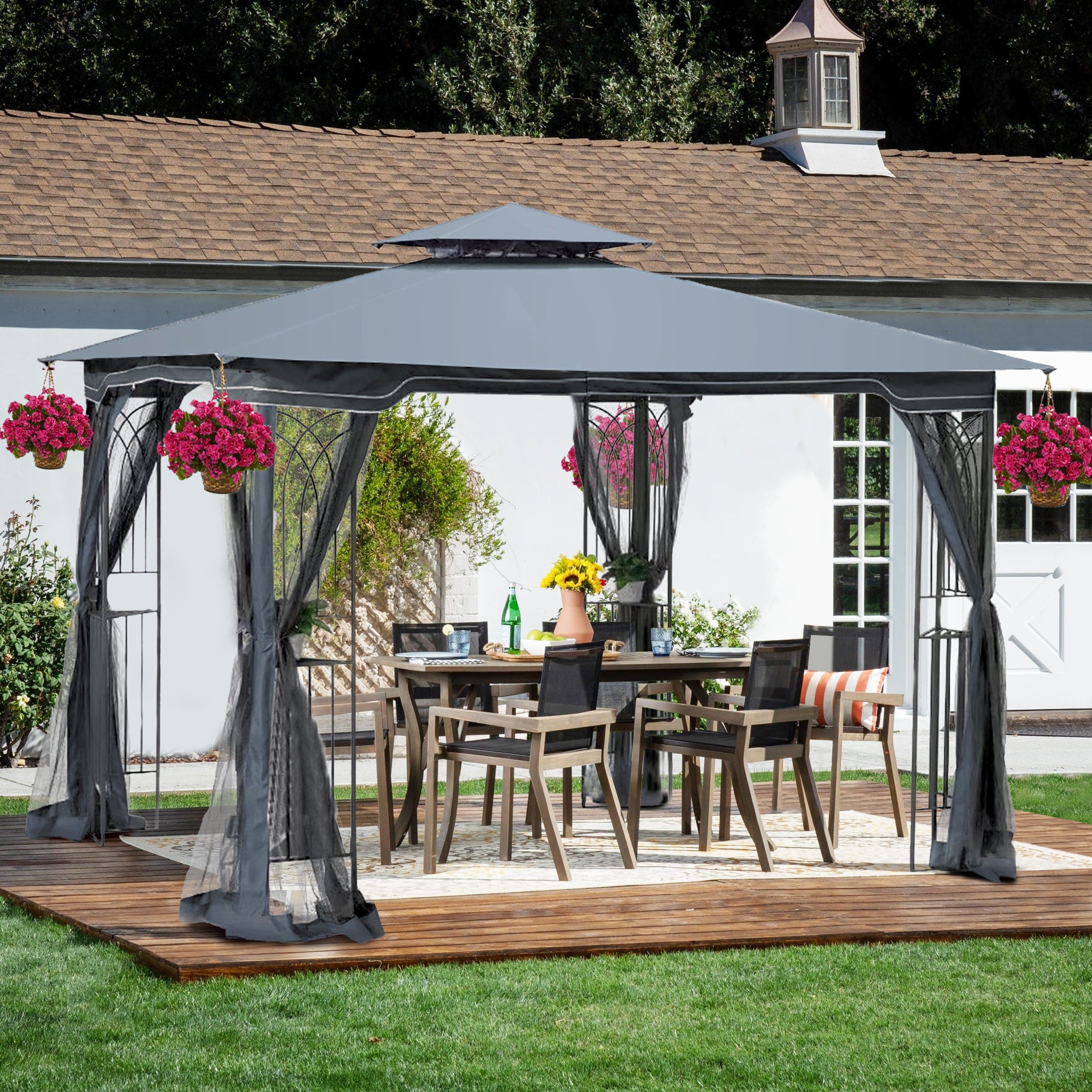 10x10 Outdoor Patio Gazebo Canopy Tent With Ventilated Double Roof And Mosquito net(Detachable Mesh Screen On All Sides),Suitable for Lawn, Garden, Backyard and Deck,Gray Top