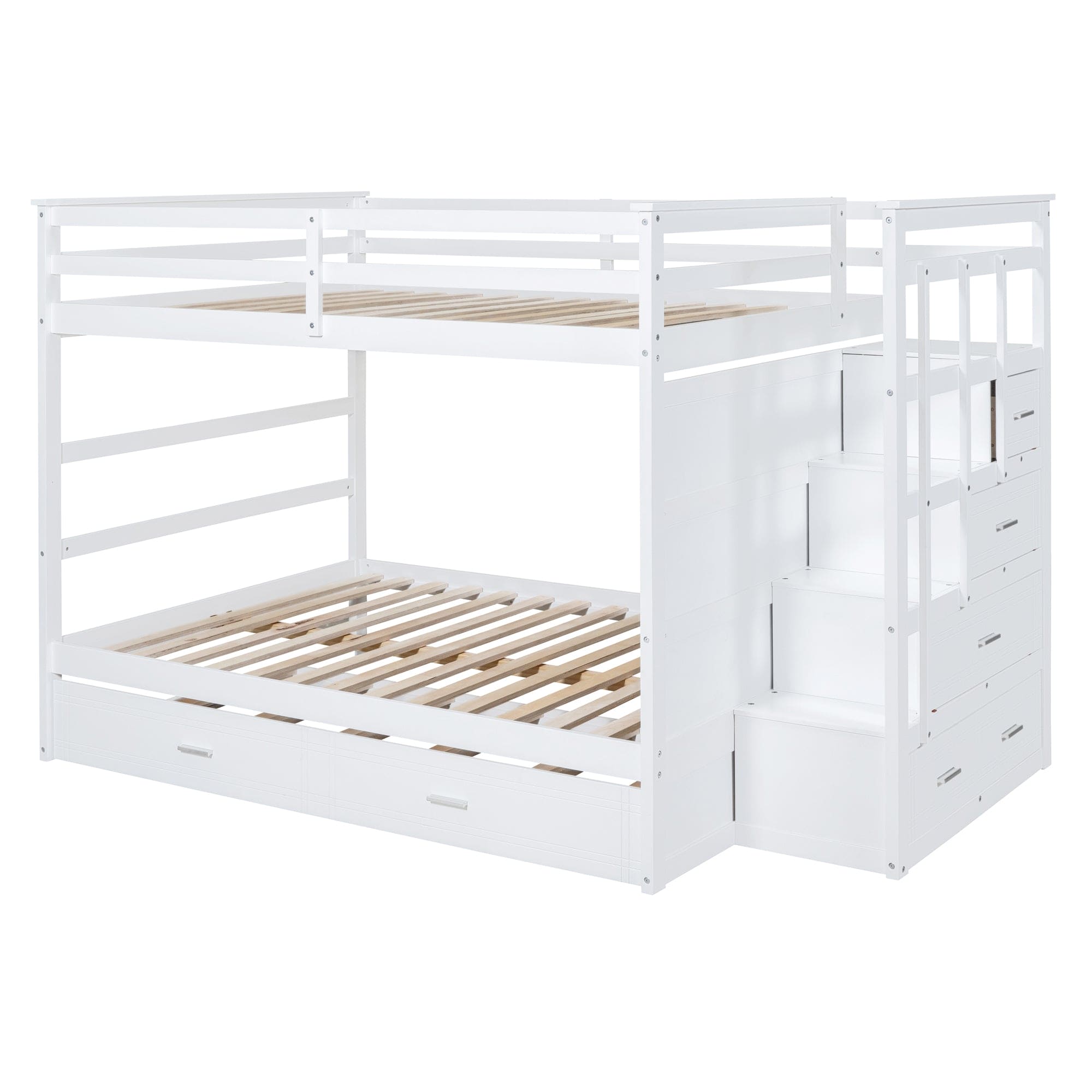 Full Over Full Bunk Bed with Twin Size Trundle and Staircase, White