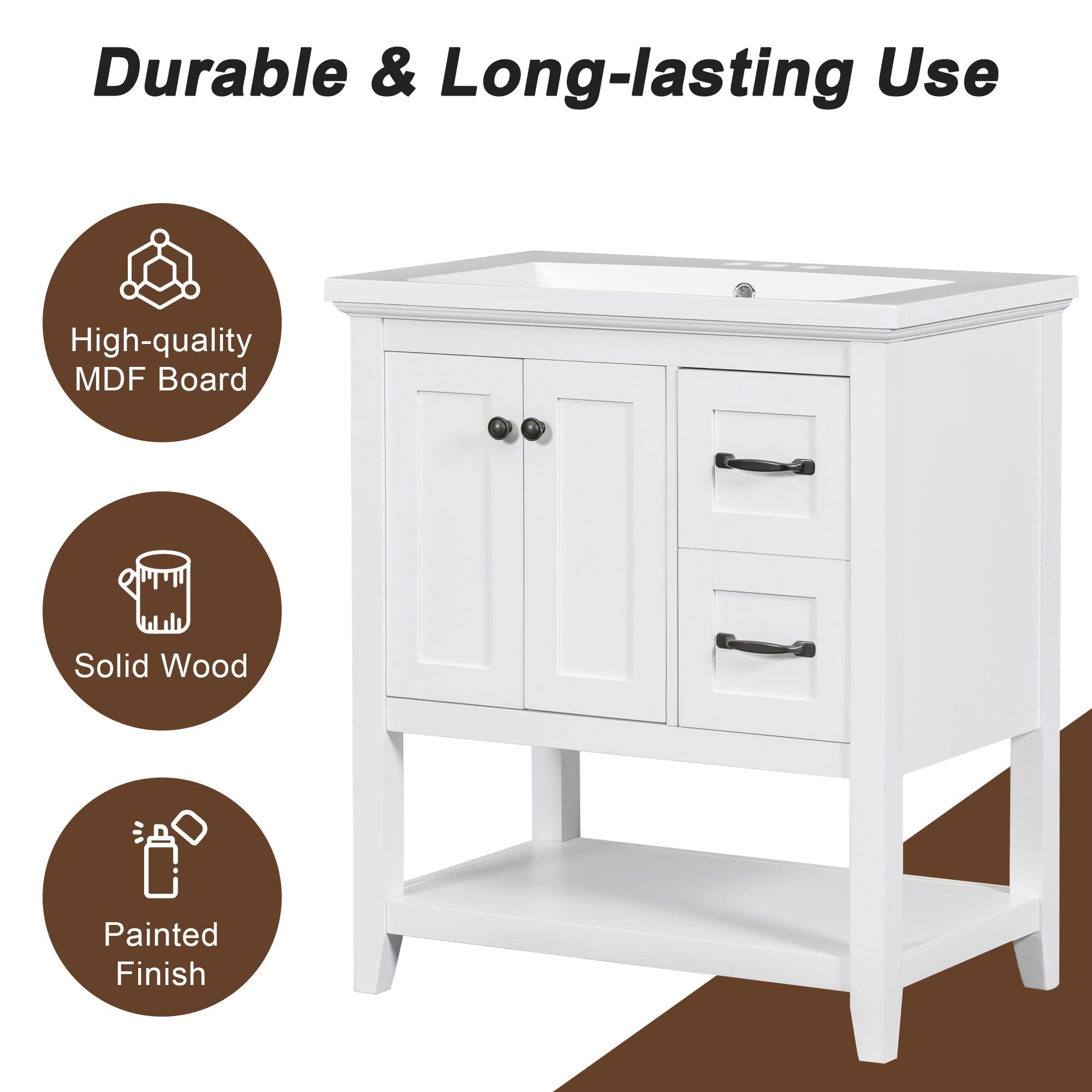 30" Bathroom Vanity with Ceramic Sink Top, Vanity Cabinet with Multi-Functional Drawer, Solid Wood Legs, White