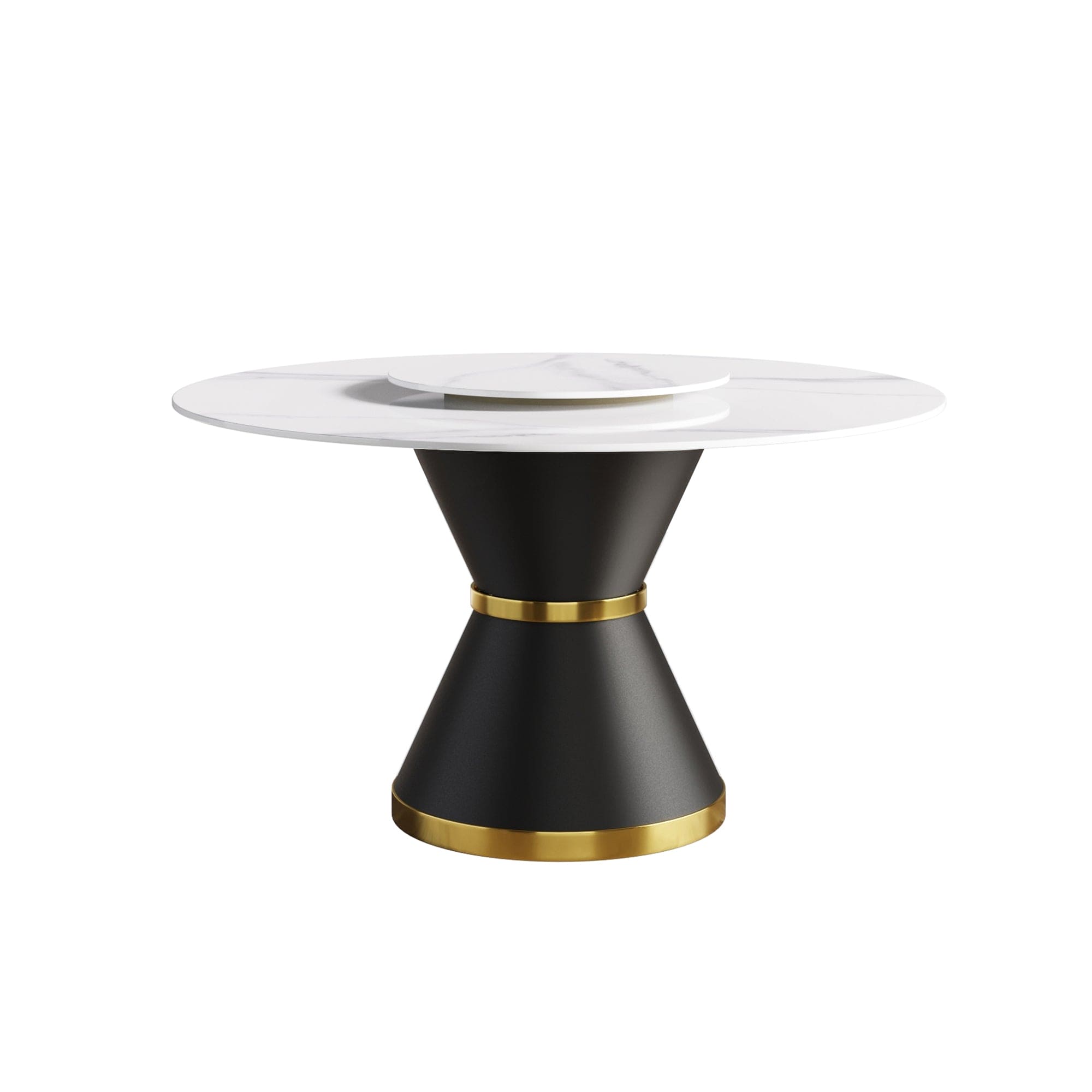 53"Modern artificial stone round black carbon steel base dining table-can accommodate 6 people-23.62"white artificial stone turntable