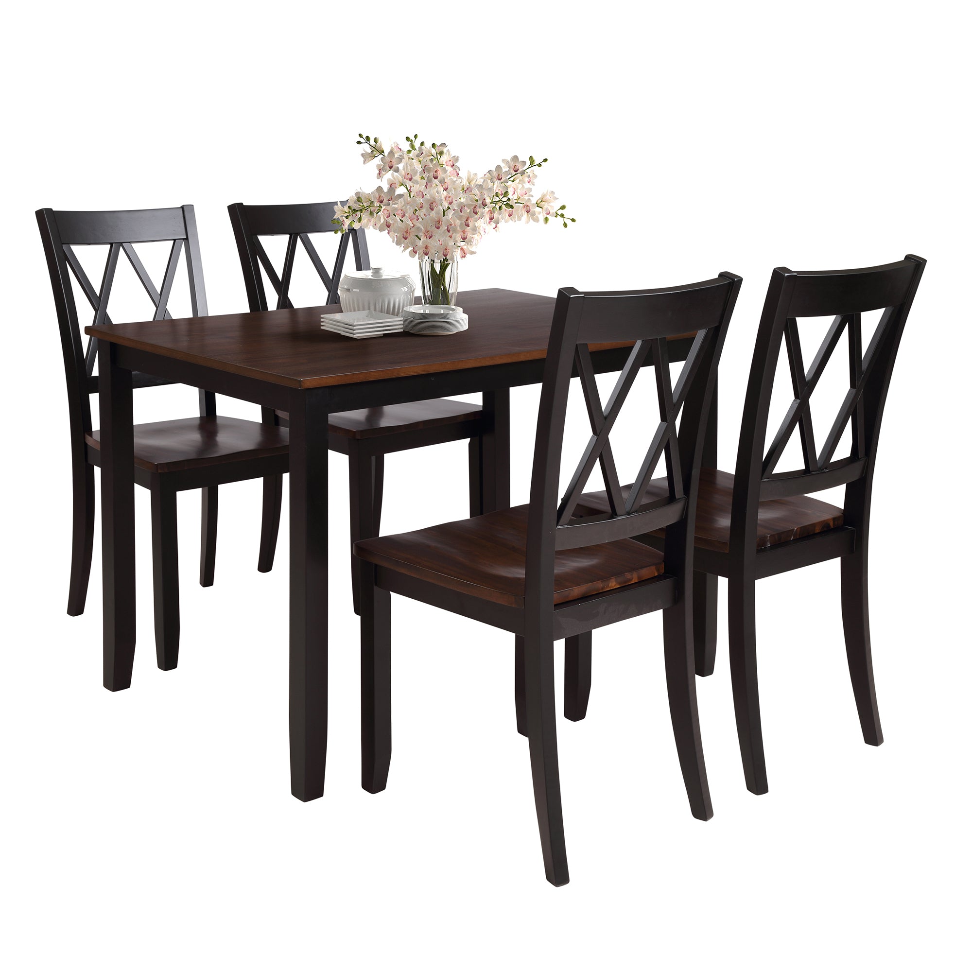 TOPMAX 5-Piece Dining Table Set Home Kitchen Table and Chairs Wood Dining Set, Black+Cherry