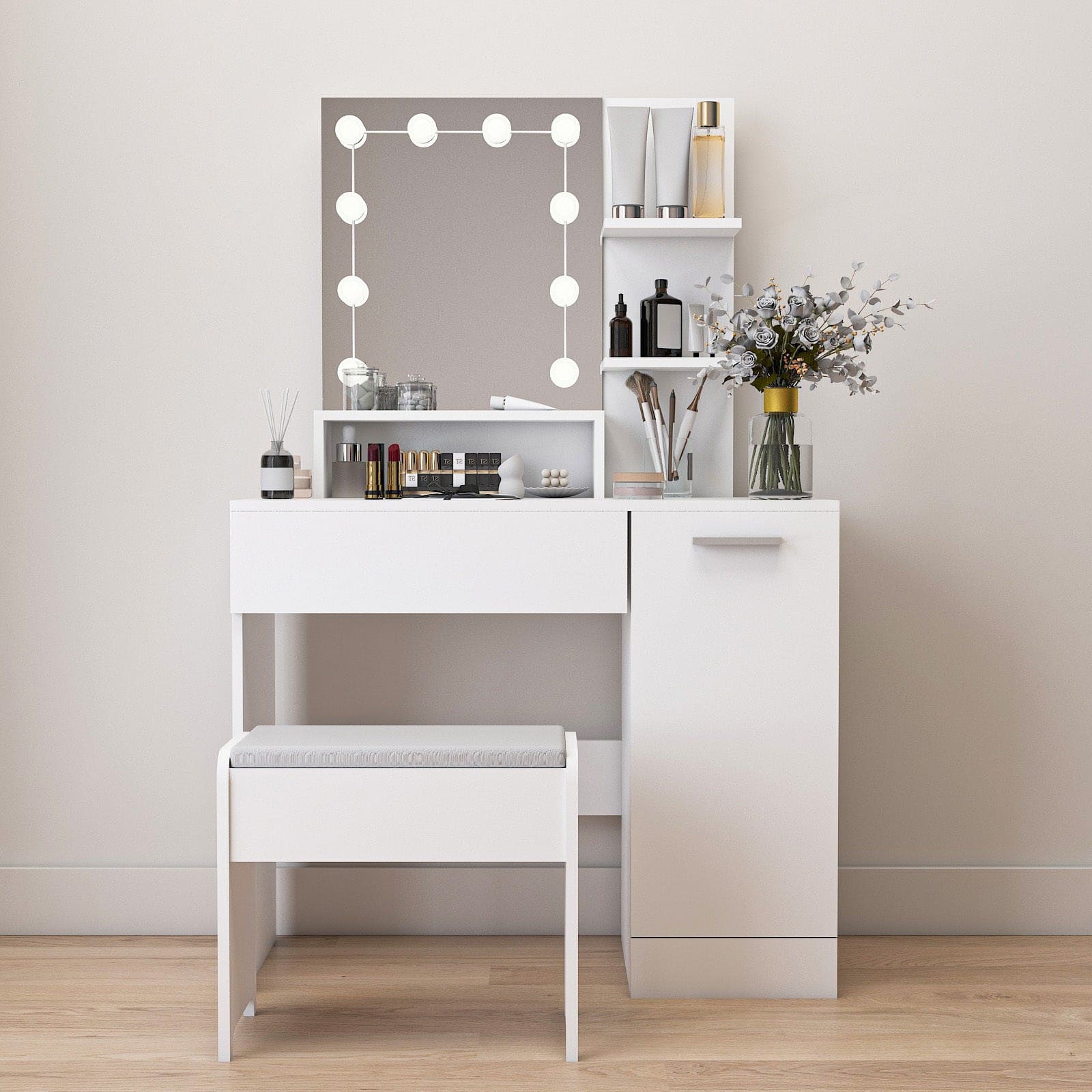 Makeup Vanity Table Set with Drawer and Storage Cabinet, Dressing Table with Vanity Cushioned Stool for Bedroom, Makeup Room