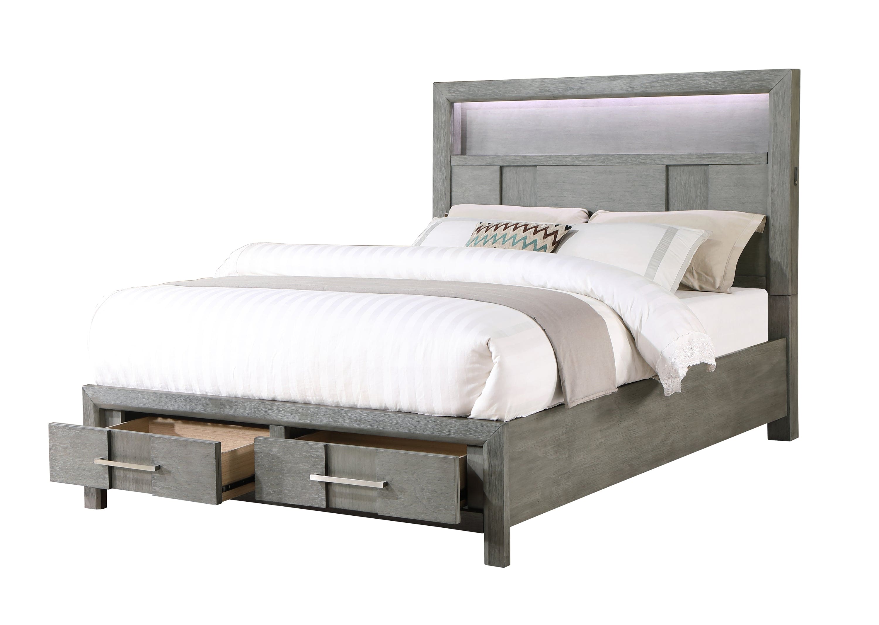 Kenzo Modern Style Queen Bed Made with Wood & LED Headboard with bookshelf in Gray