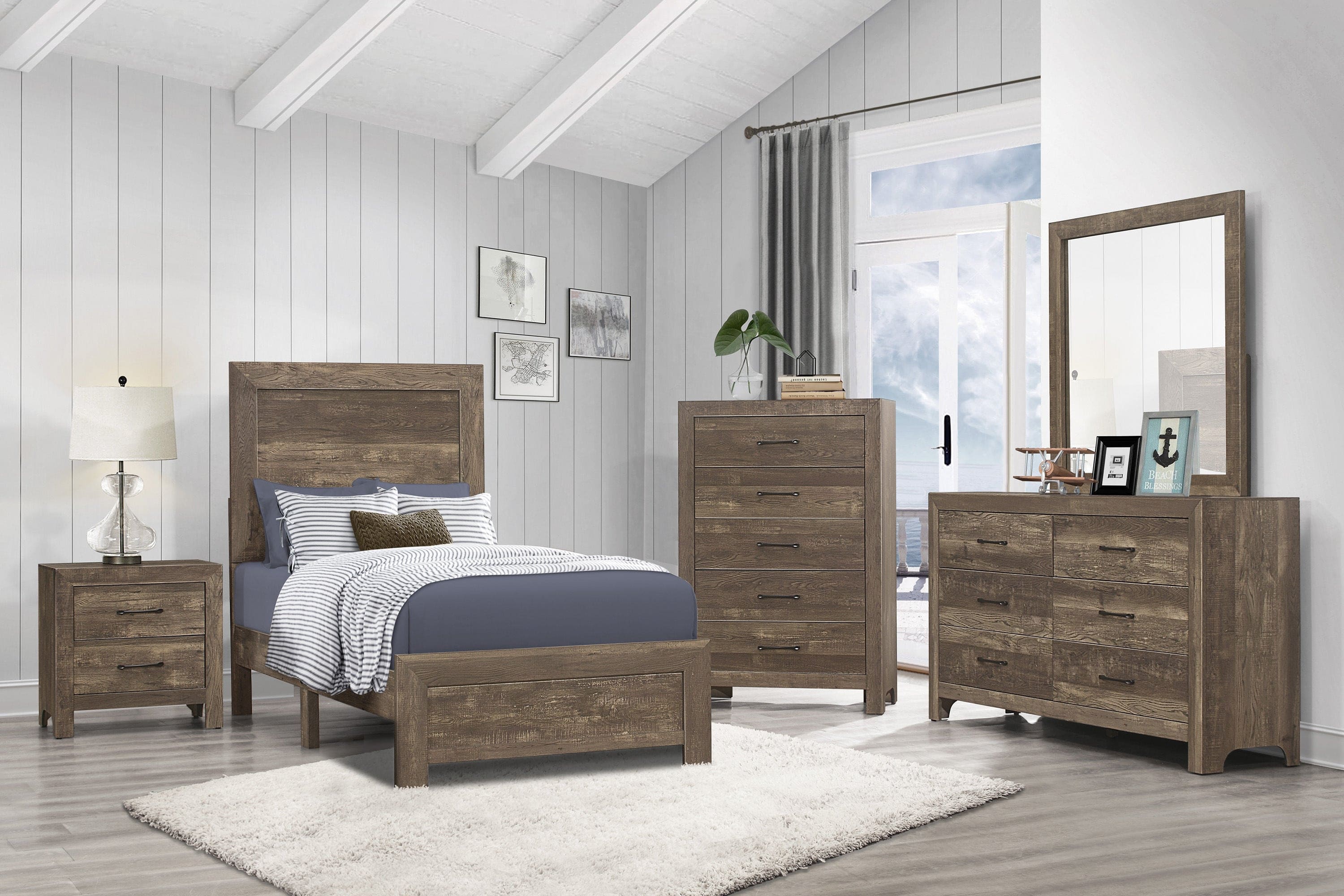 Simple Look Rustic Brown Finish 1pc Chest of 5x Drawers Black Metal Hardware Bedroom Furniture