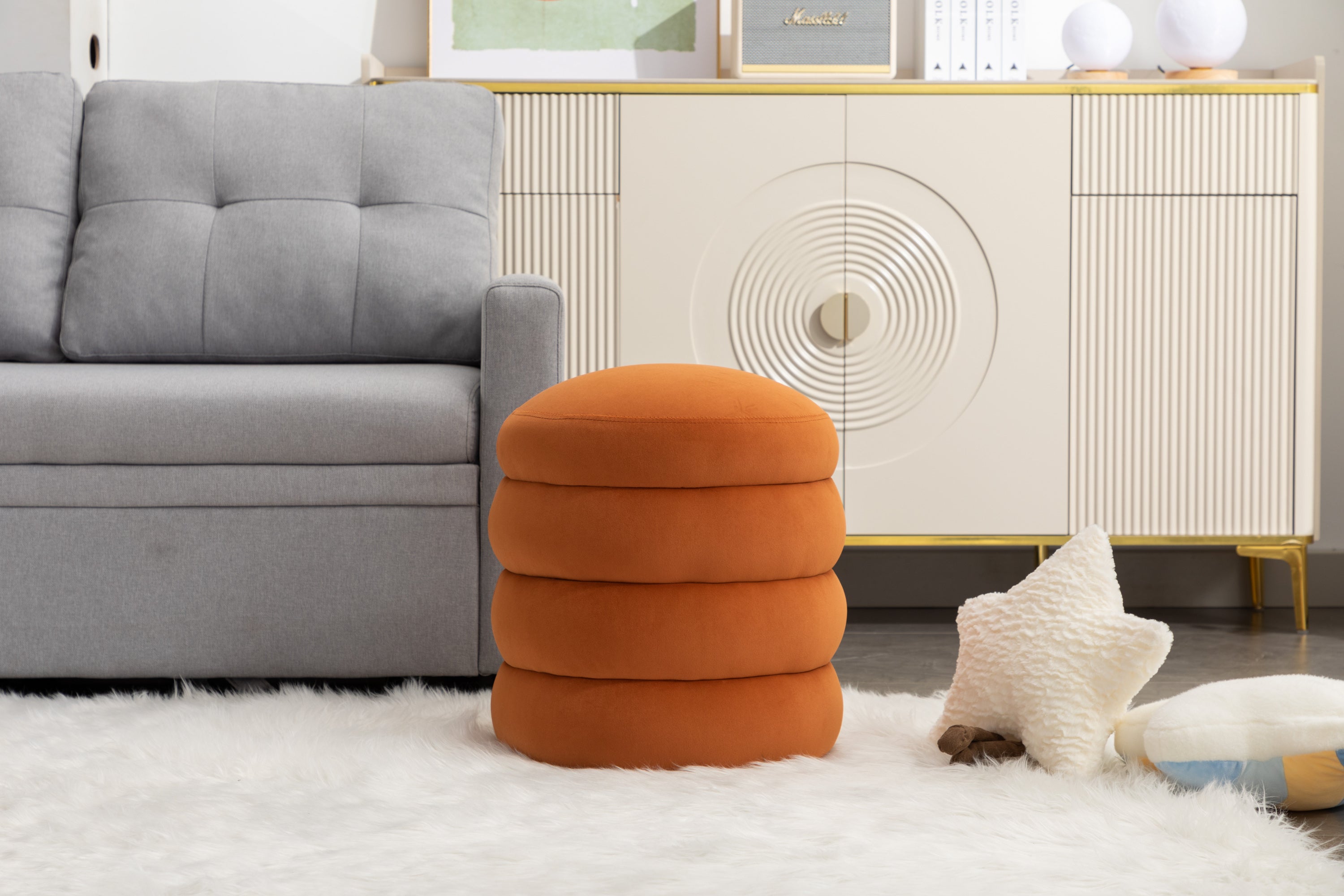 006-Soft Velvet  Round Ottoman Footrest Stool,Orange