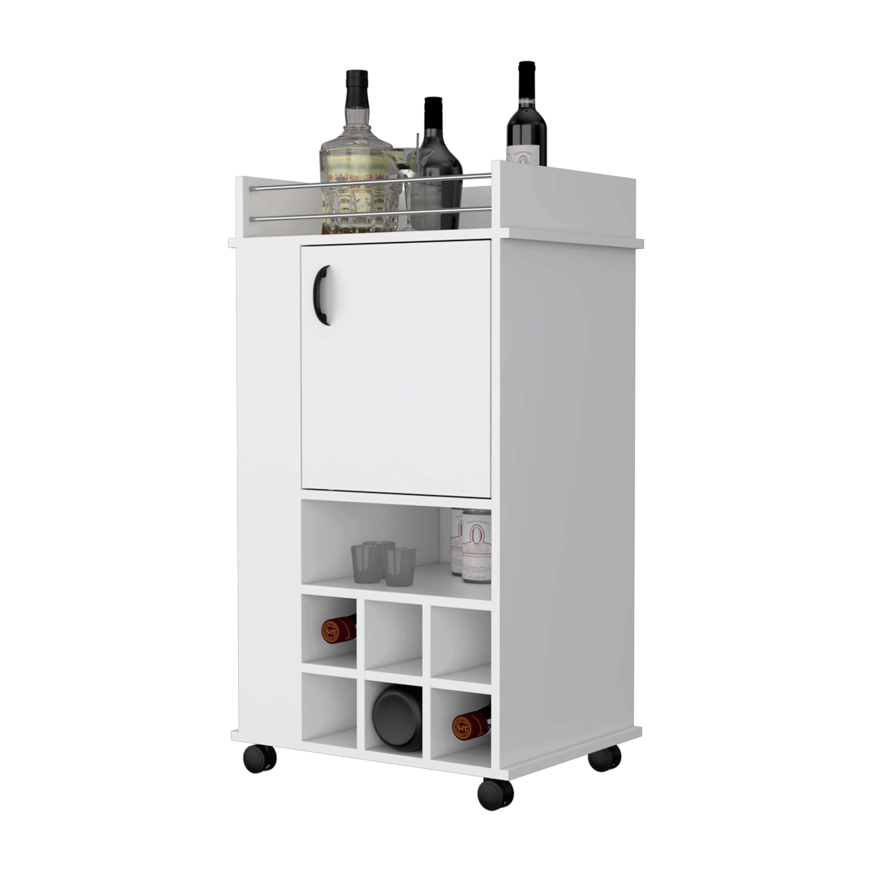 Allandale 1-Door Bar Cart with Wine Rack and Casters White