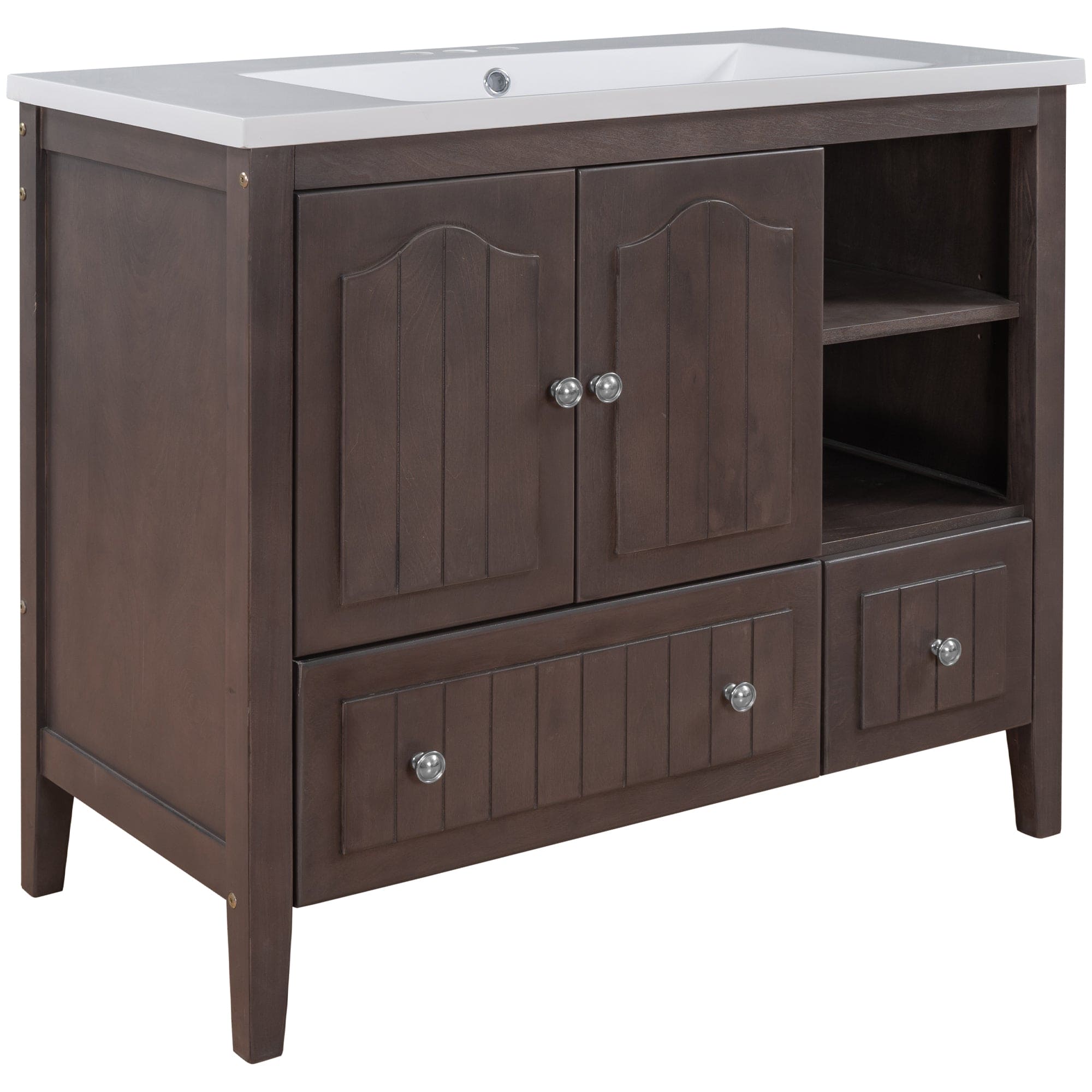 [VIDEO] 36" Bathroom Vanity with Ceramic Basin, Bathroom Storage Cabinet with Two Doors and Drawers, Solid Frame, Metal Handles, Brown (OLD SKU: JL000003AAD)