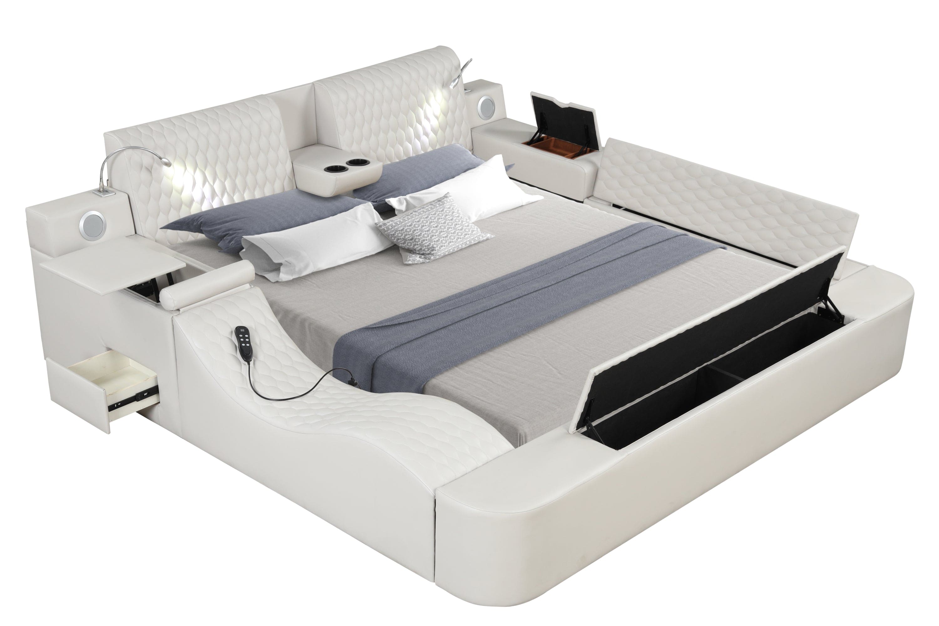 Zoya Smart Multifunctional King Size Bed Made with Wood in Beige