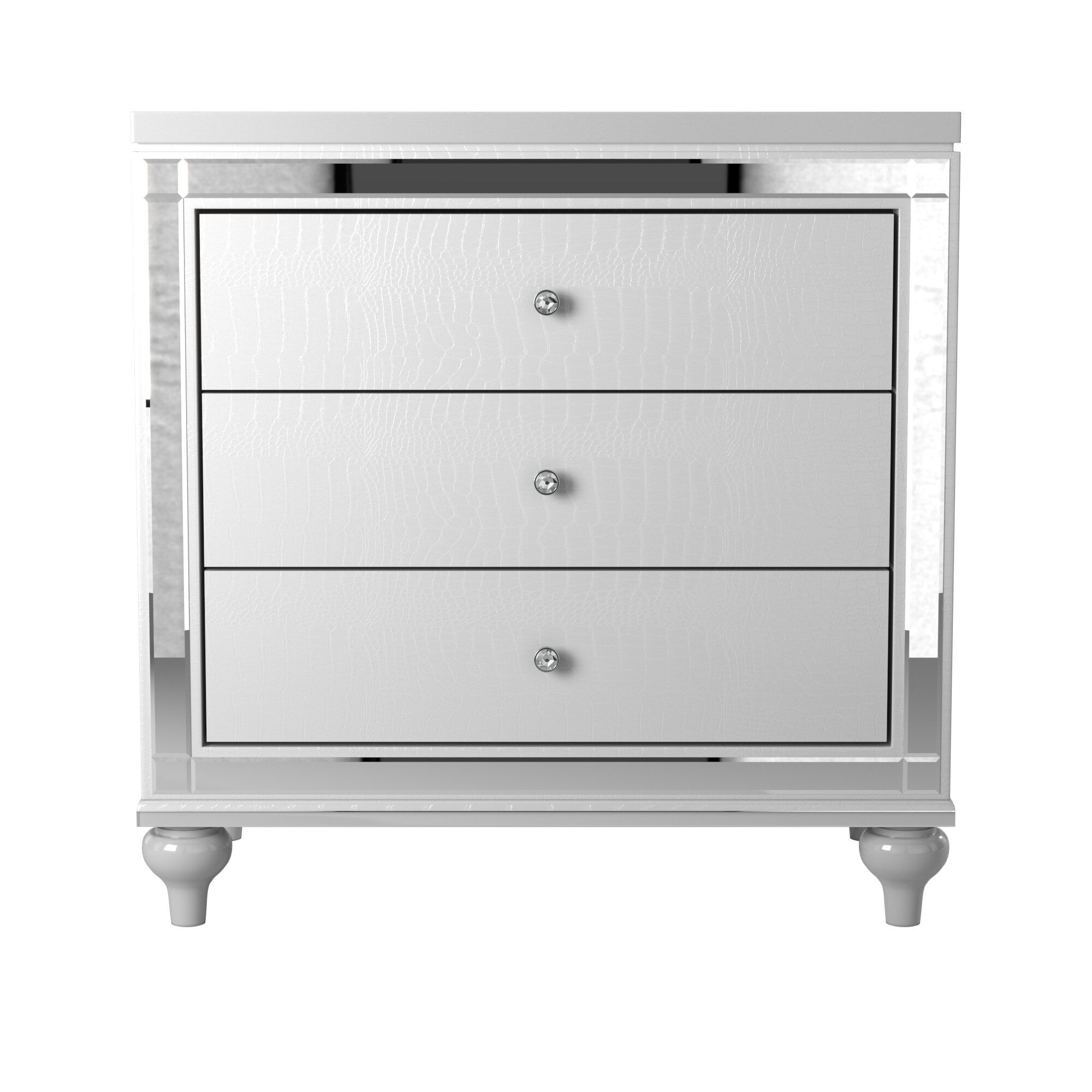 Glamorous Metallic White Finish 1pc Nightstand of 3x Drawers Faux Alligator Embossed Front Modern Bed Side Table