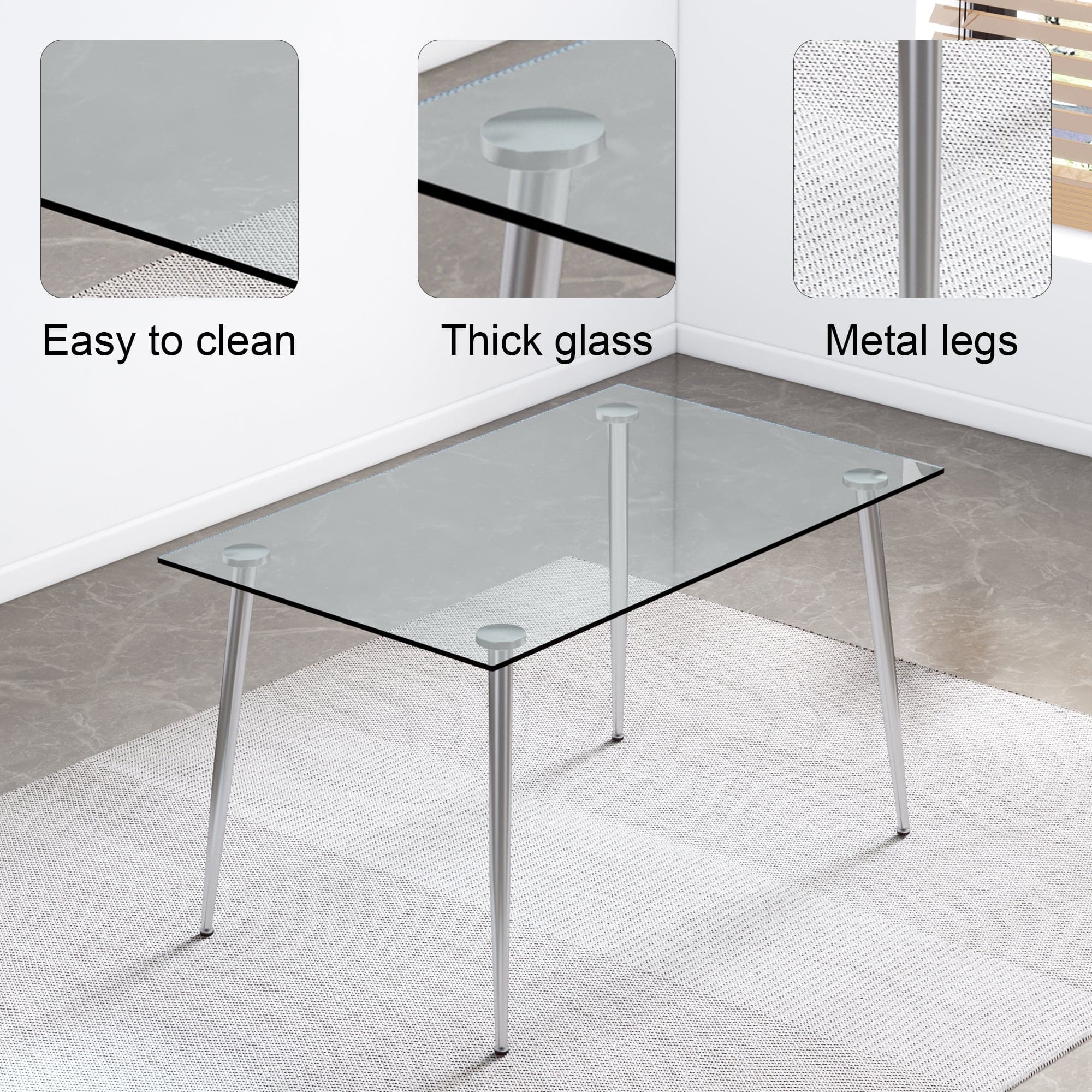 Modern Minimalist Rectangular Glass  Dining Table for 4-6 with 0.31" Tempered Glass Tabletop and Silver plating Metal Legs, Writing Table Desk, for Kitchen Dining Living Room, 51" *31"* 30" .F-1544