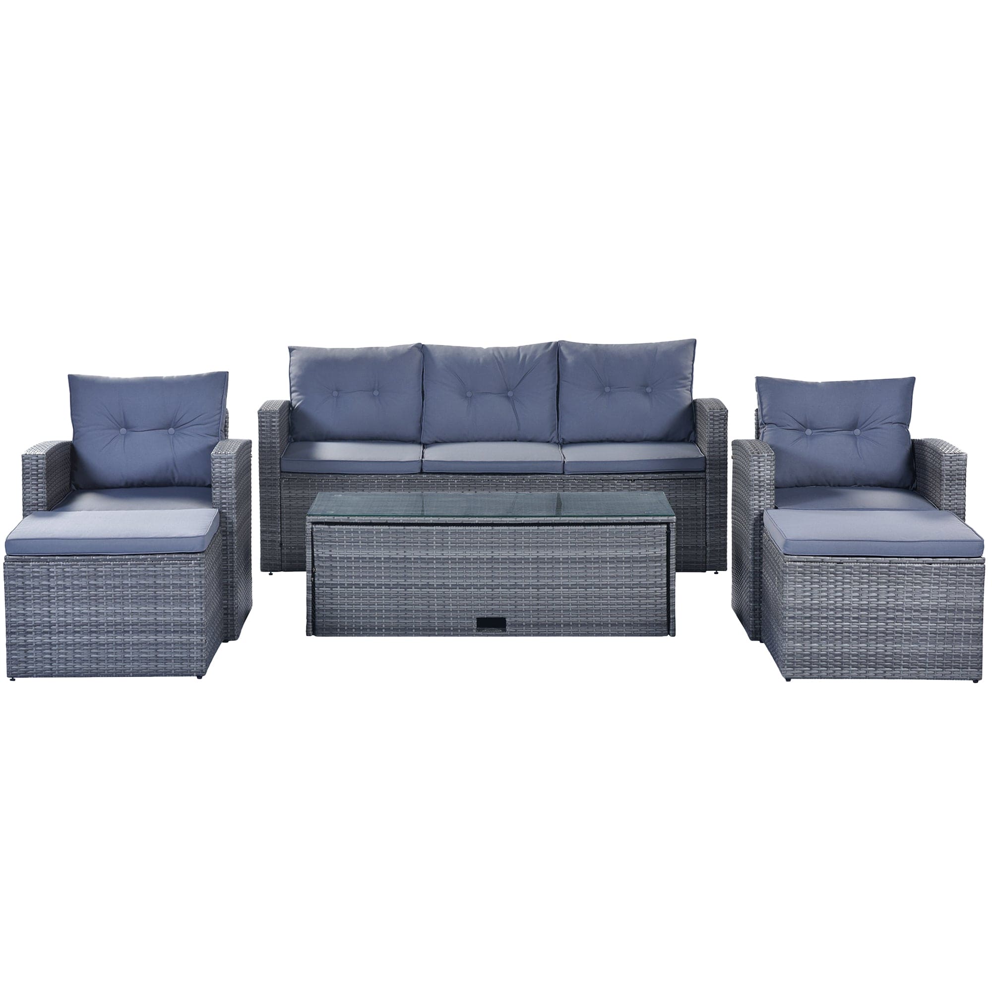 GO 6-piece All-Weather Wicker PE rattan Patio Outdoor Dining Conversation Sectional Set with coffee table, wicker sofas, ottomans,  removable cushions (Dark grey wicker, Light grey cushion)