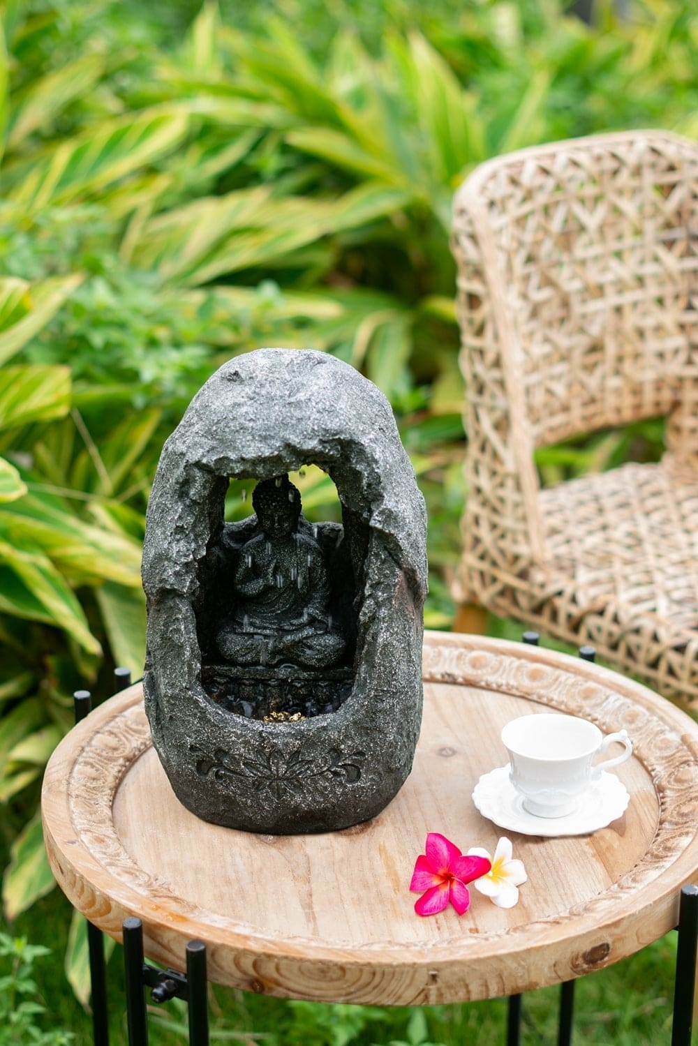 8.3x5.9x13.6" Decorative Gray Tabletop Water Fountain with Sitting Buddha and LED Light, for Indoor Outdoor