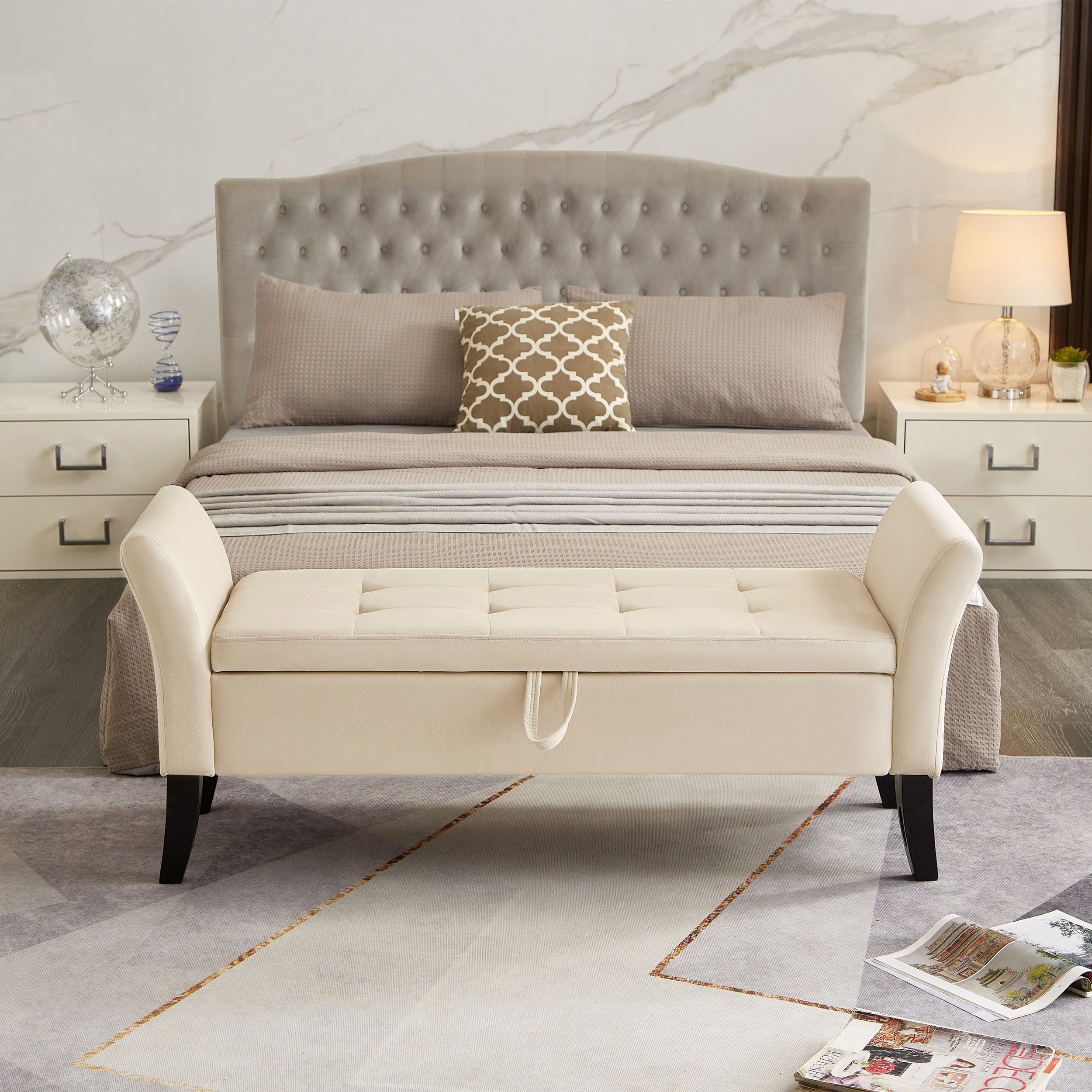 51.5" Bed Bench with Storage Beige Velvet