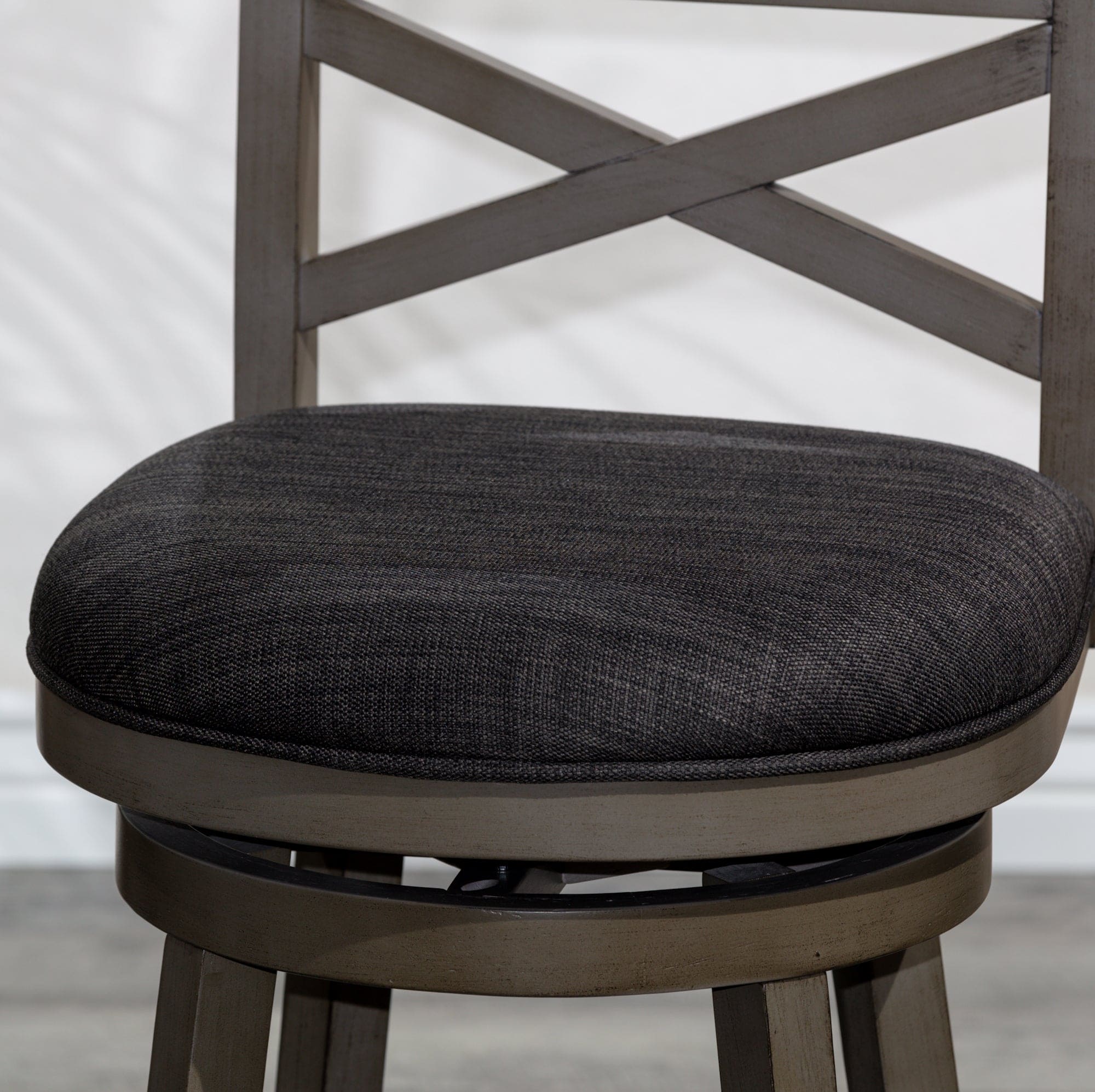 30" Bar Height X-Back Swivel Stool, Weathered Gray Finish Grey, Charcoal Fabric Seat