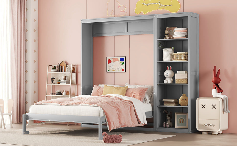 Full Size Murphy Bed Wall Bed with Shelves,Gray