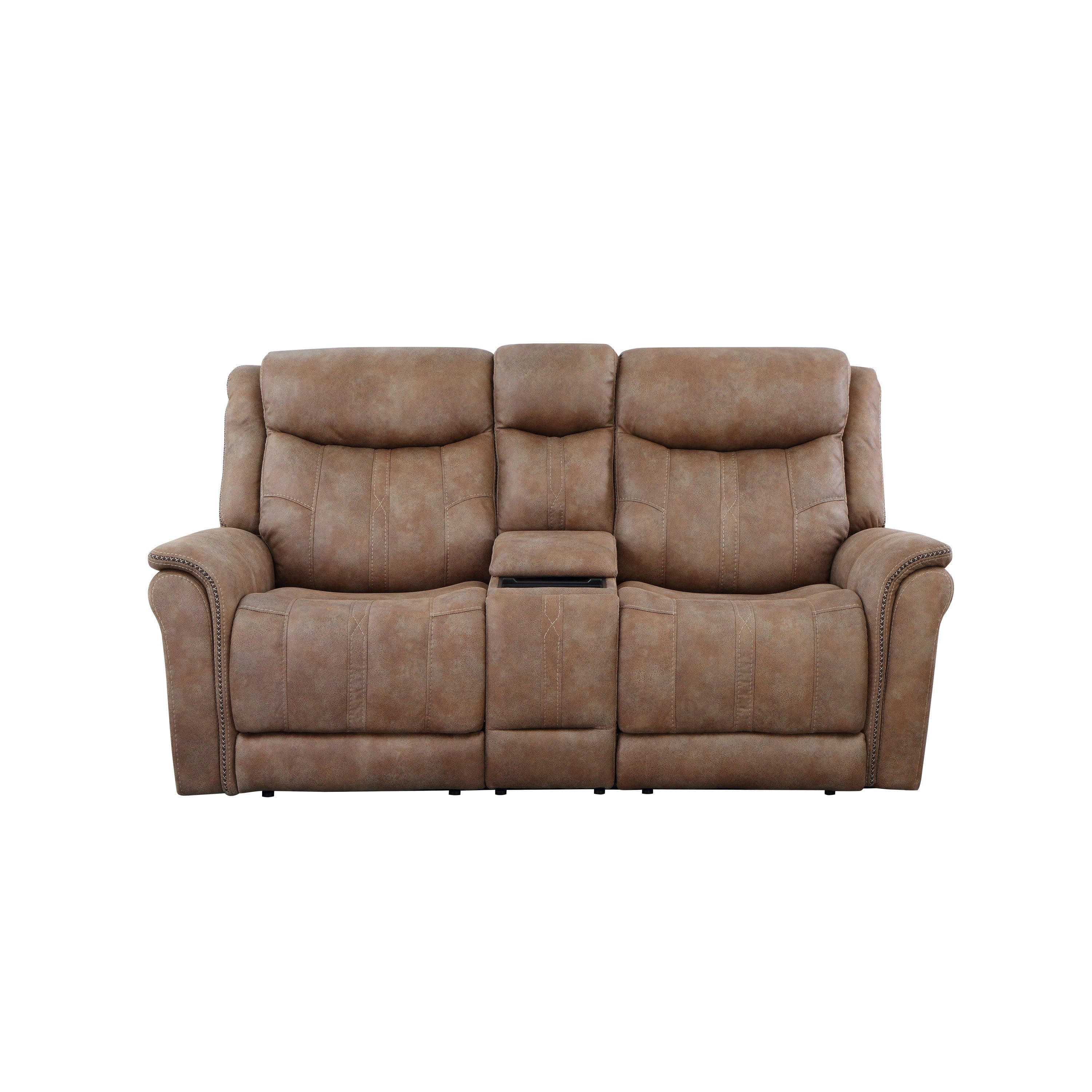 Transitional Console Loveseat - Warm Camel Faux-Suede, Power Footrest, Power Headrest - Concealed Cupholders, Built-In Console