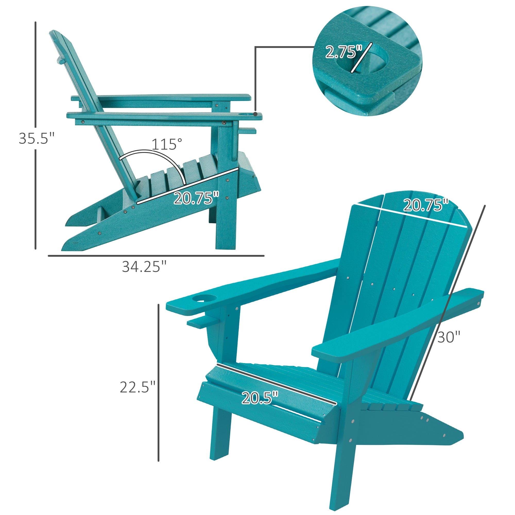 Outsunny HDPE All-Weather Outdoor Adirondack Chair with Cup Holder, Fire Pit Chair for Backyard, Deck, Lawn, Garden, 330lbs Capacity, Light Blue