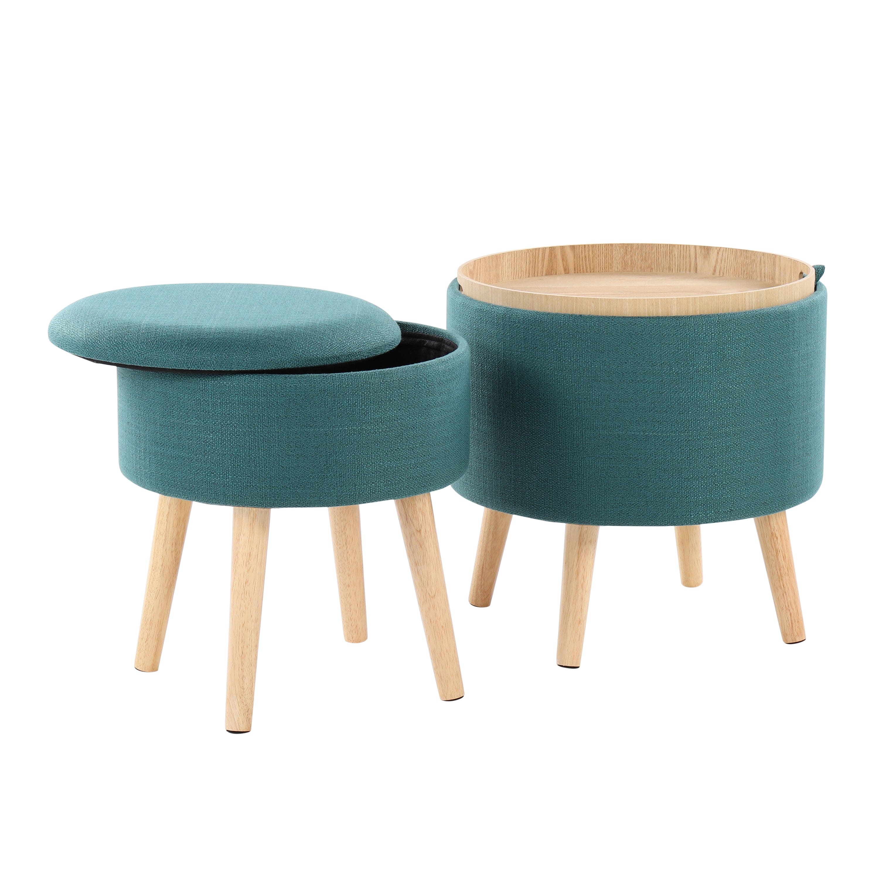 Tray Contemporary Storage Ottoman with Matching Stool in Teal Fabric and Natural Wood Legs by LumiSource