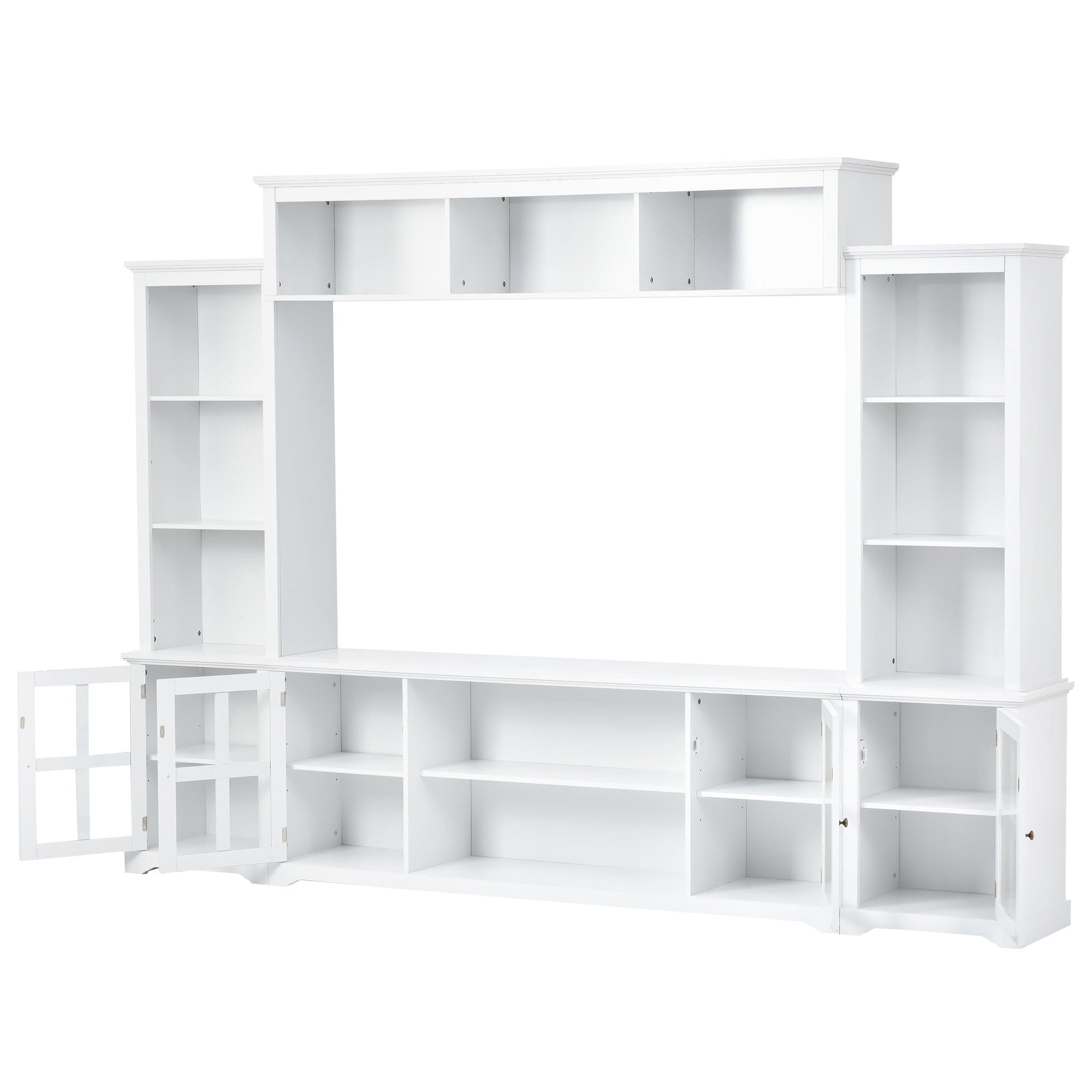 ON-TREND Minimalism Style Entertainment Wall Unit with Bridge, Modern TV Console Table for TVs Up to 70", Multifunctional TV Stand with Tempered Glass Door, White (Old SKU: SD000009AAK)