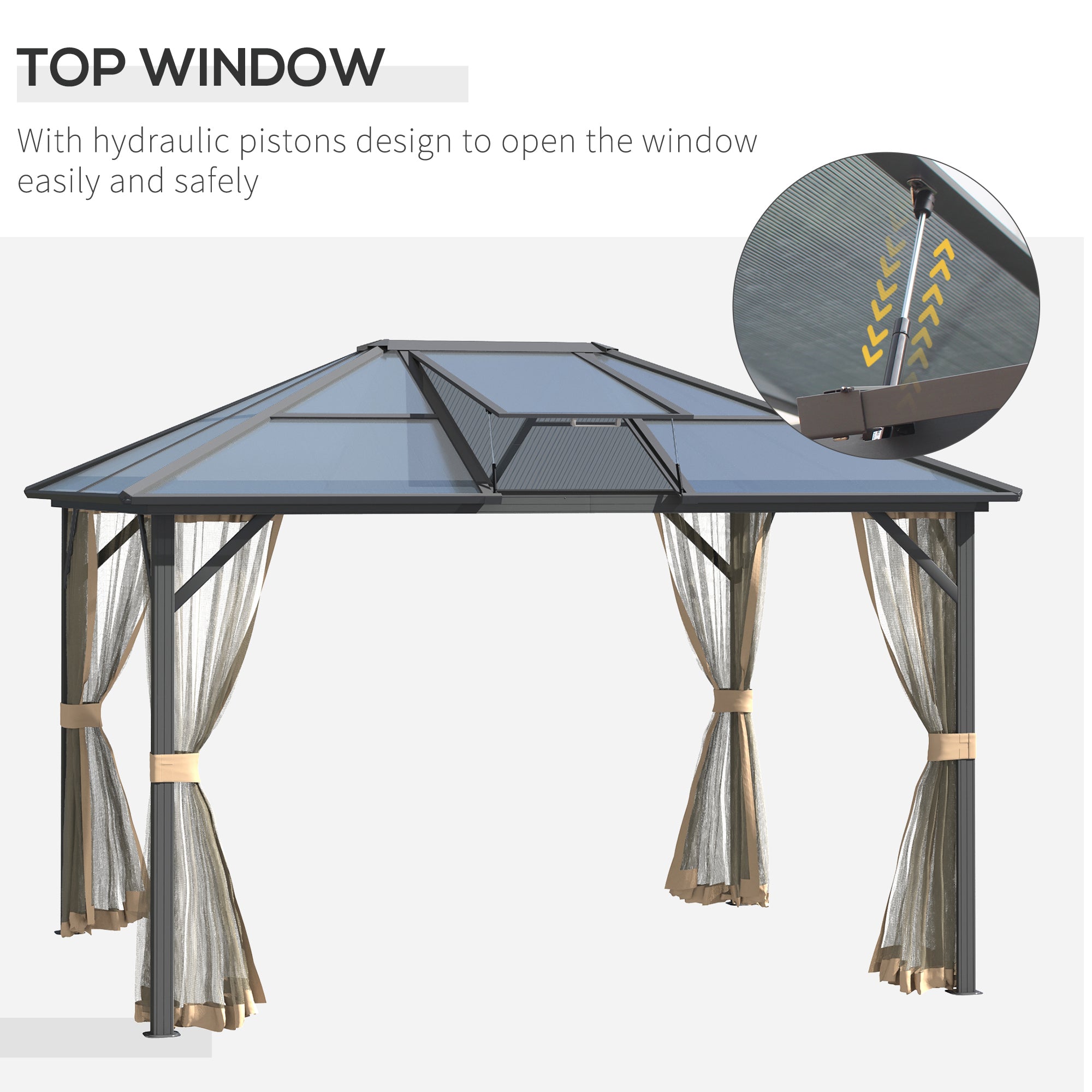 10' x 12' Hardtop Gazebo Canopy with Polycarbonate Roof, Top Vent and Aluminum Frame, Permanent Pavilion Outdoor Gazebo with Netting, for Patio, Garden, Backyard, Deck, Lawn