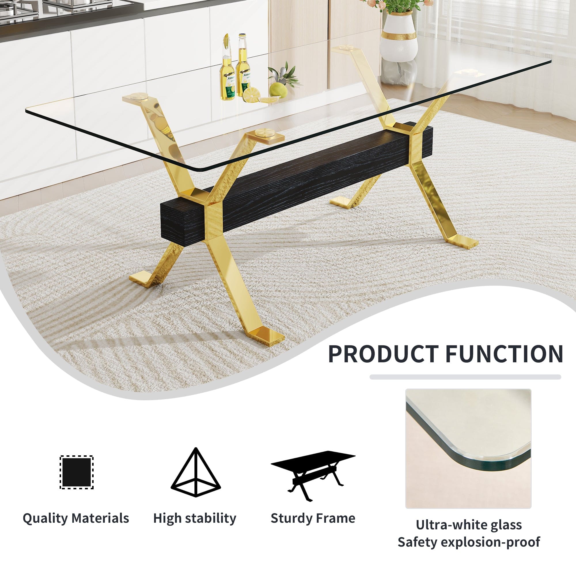 1 table and 6 chairs. Modern, simple and luxurious tempered glass rectangular dining table and desk with 6 white PU gold plated leg chairs 79''x39''x30''
