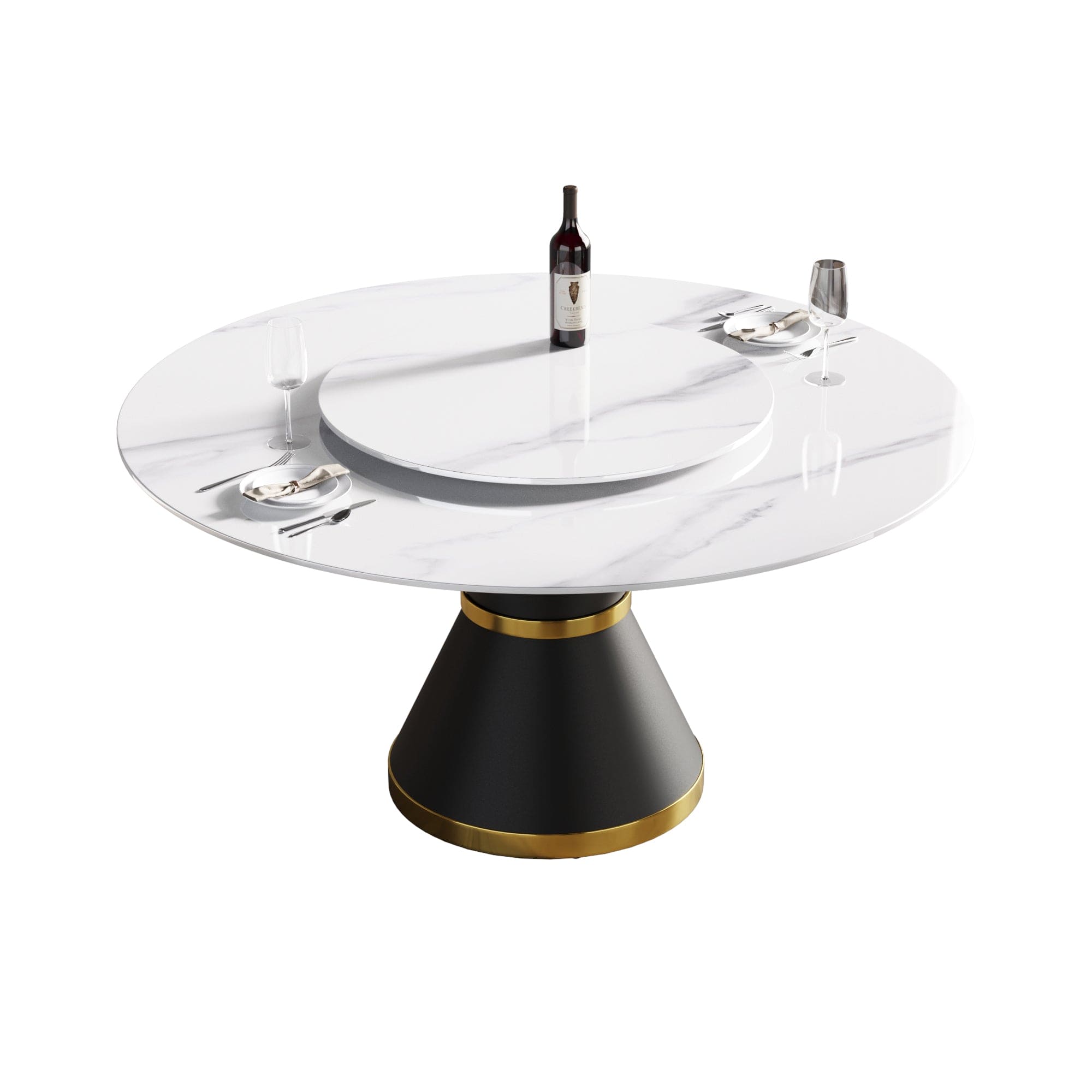 59.05"Modern artificial stone round black carbon steel base dining table-can accommodate 6 people-31.5"white artificial stone turntable