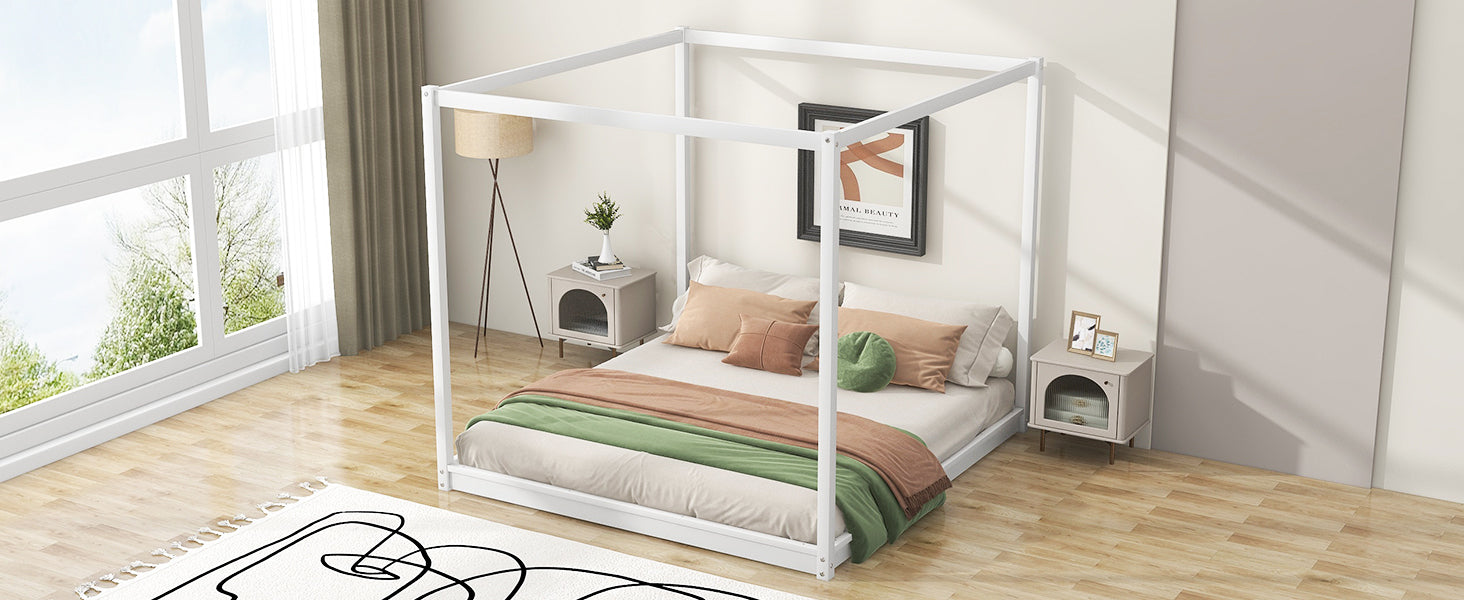 King Size Canopy Platform Bed with Support Legs,White