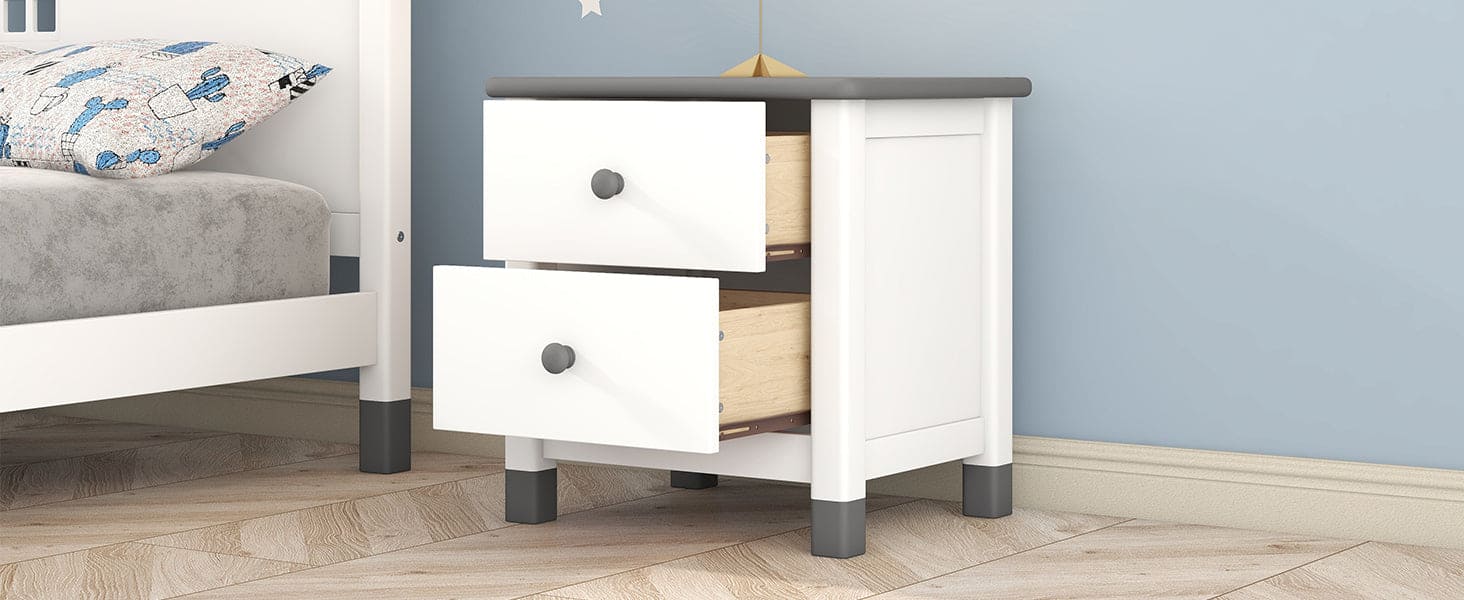 Wooden Nightstand with Two Drawers for Kids,End Table for Bedroom,White+Gray