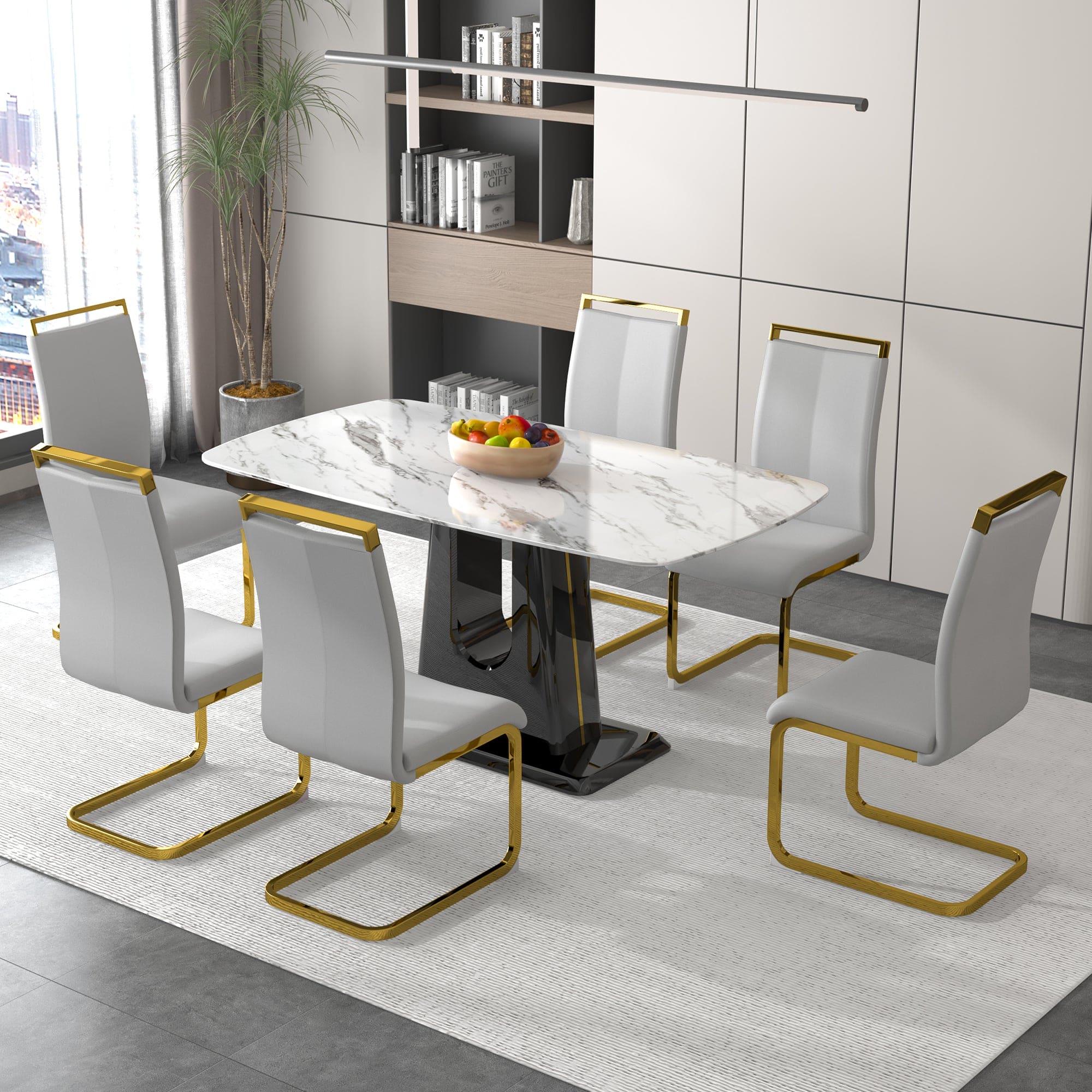 A modern, minimalist, and luxurious dining table with a white imitation marble tabletop and MDF legs with U-shaped brackets. Tables in restaurants and living rooms 63"*35.4"*30  F-U