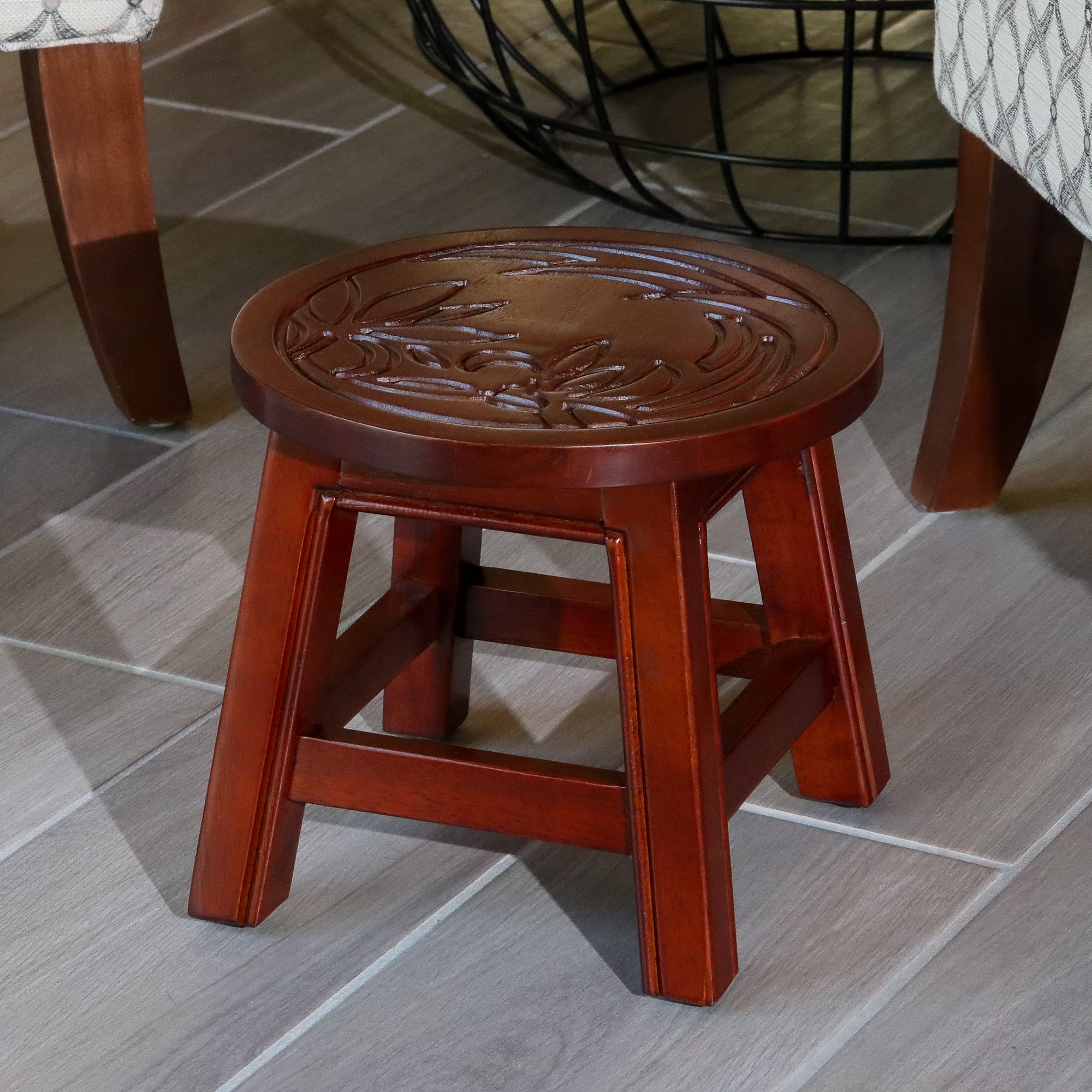 Carved Wooden Step Stool, Floral, Cherry