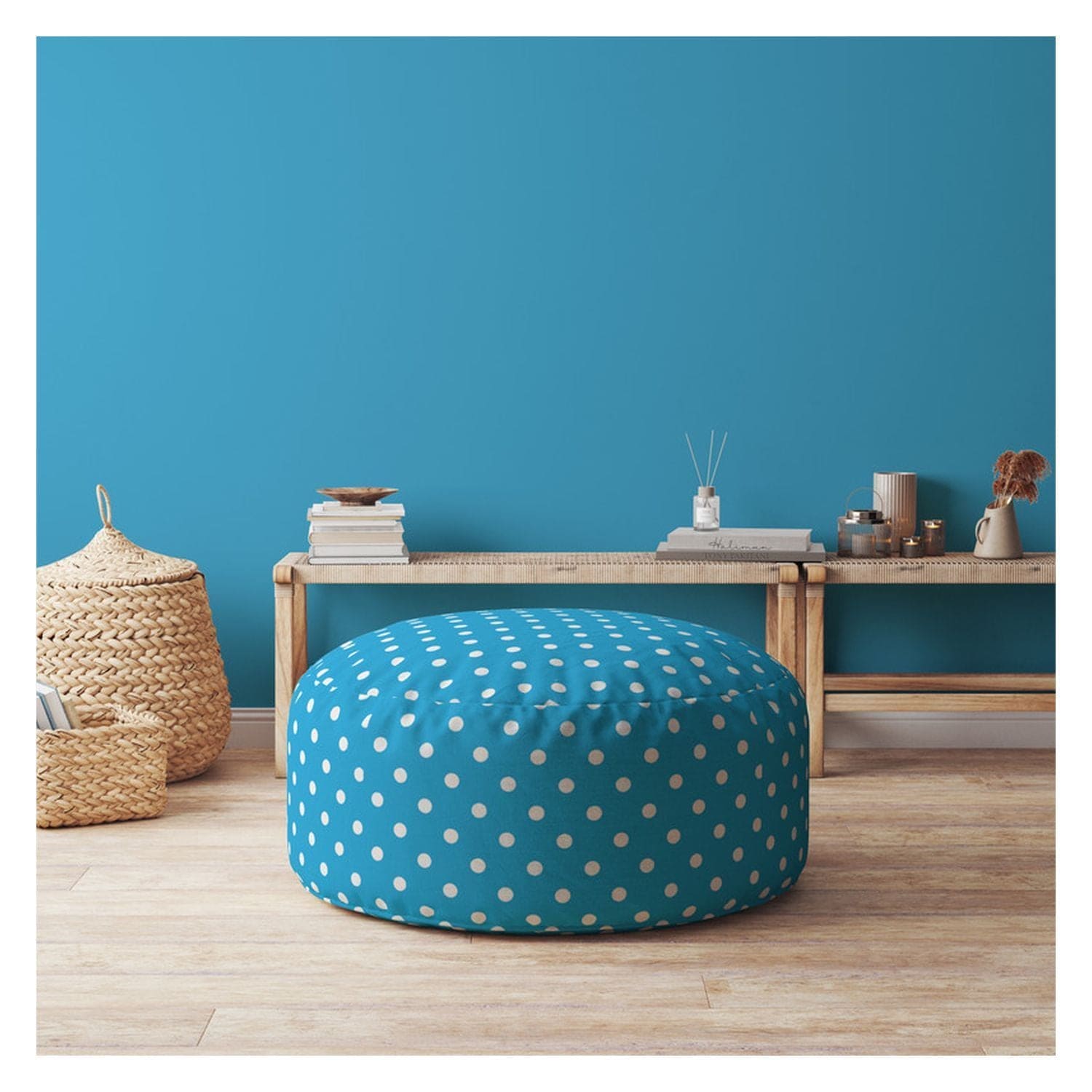 Indoor RETRO POLKA Coastal Blue Round Zipper Pouf - Stuffed - Extra Beads Included! - 24in dia x 20in tall