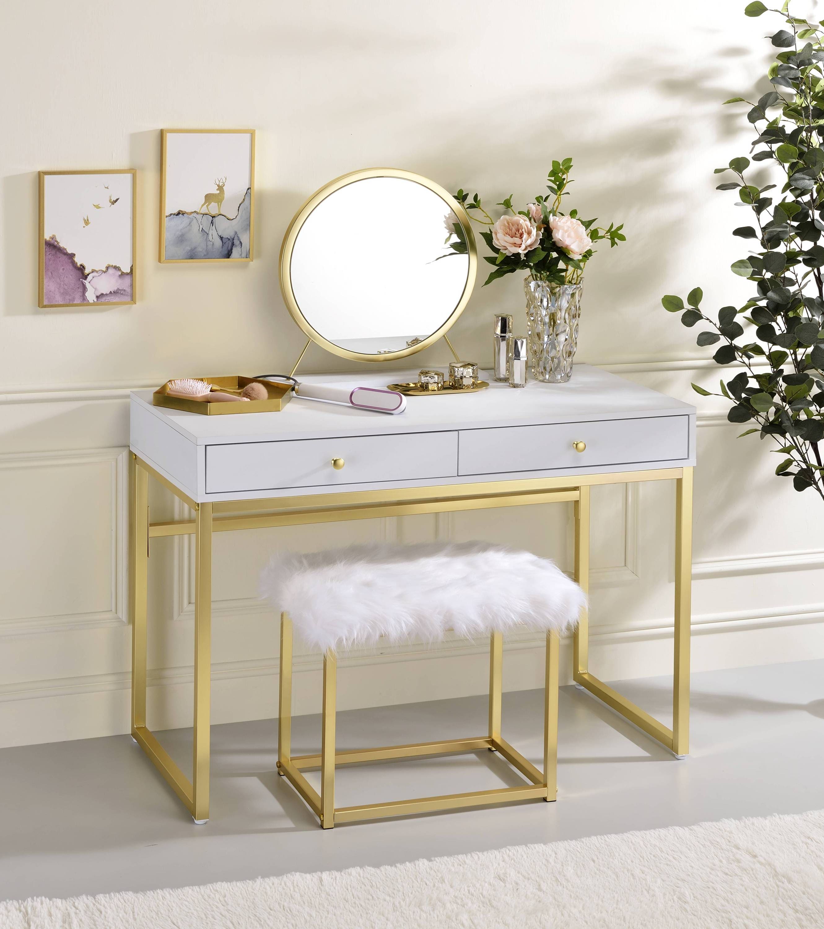 ACME Adao Vanity Mirror & Stool in Faux Fur, Mirror, White & Brass Finish AC00932