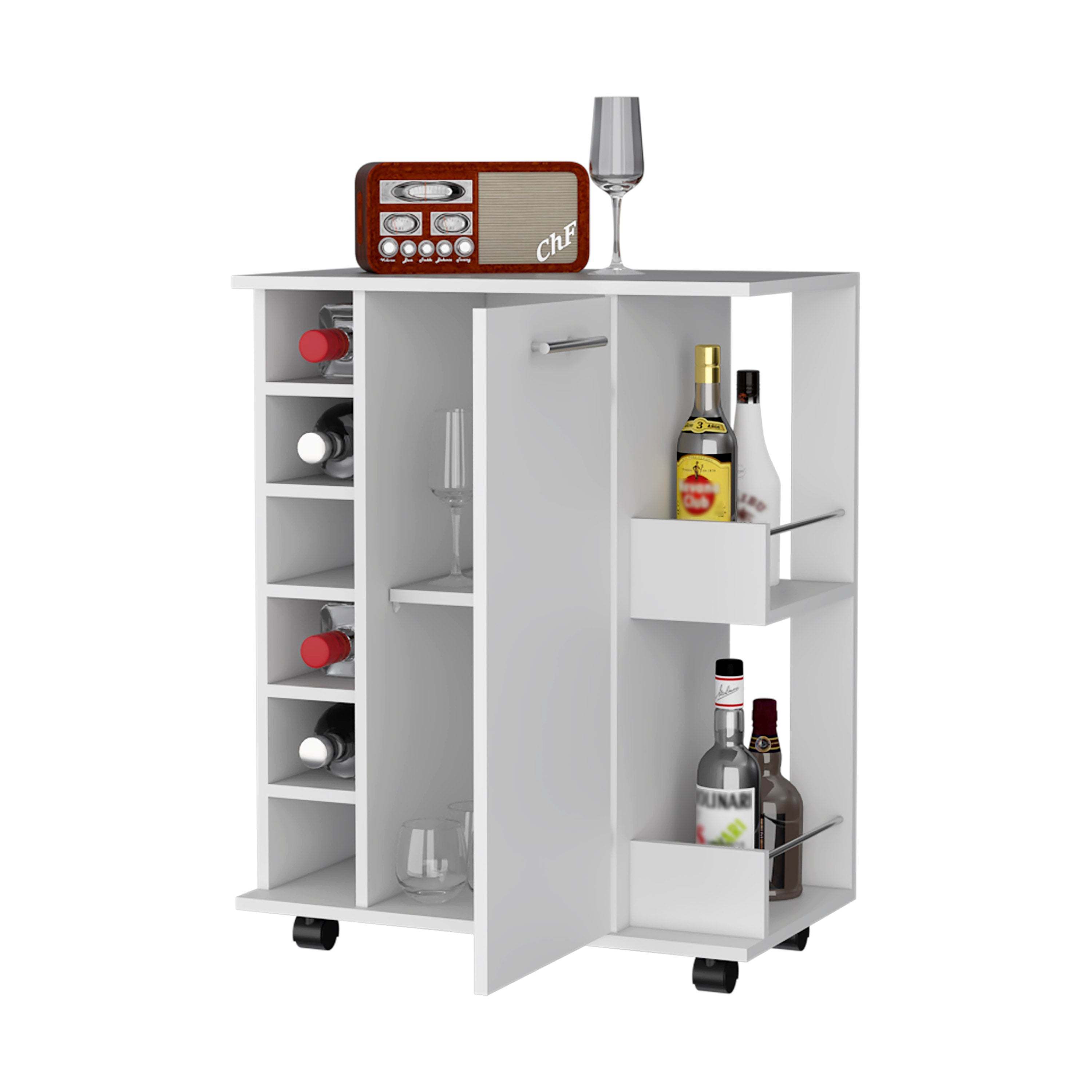 Woodland Bar Cart with Casters, Wine Rack and Open Shelf White