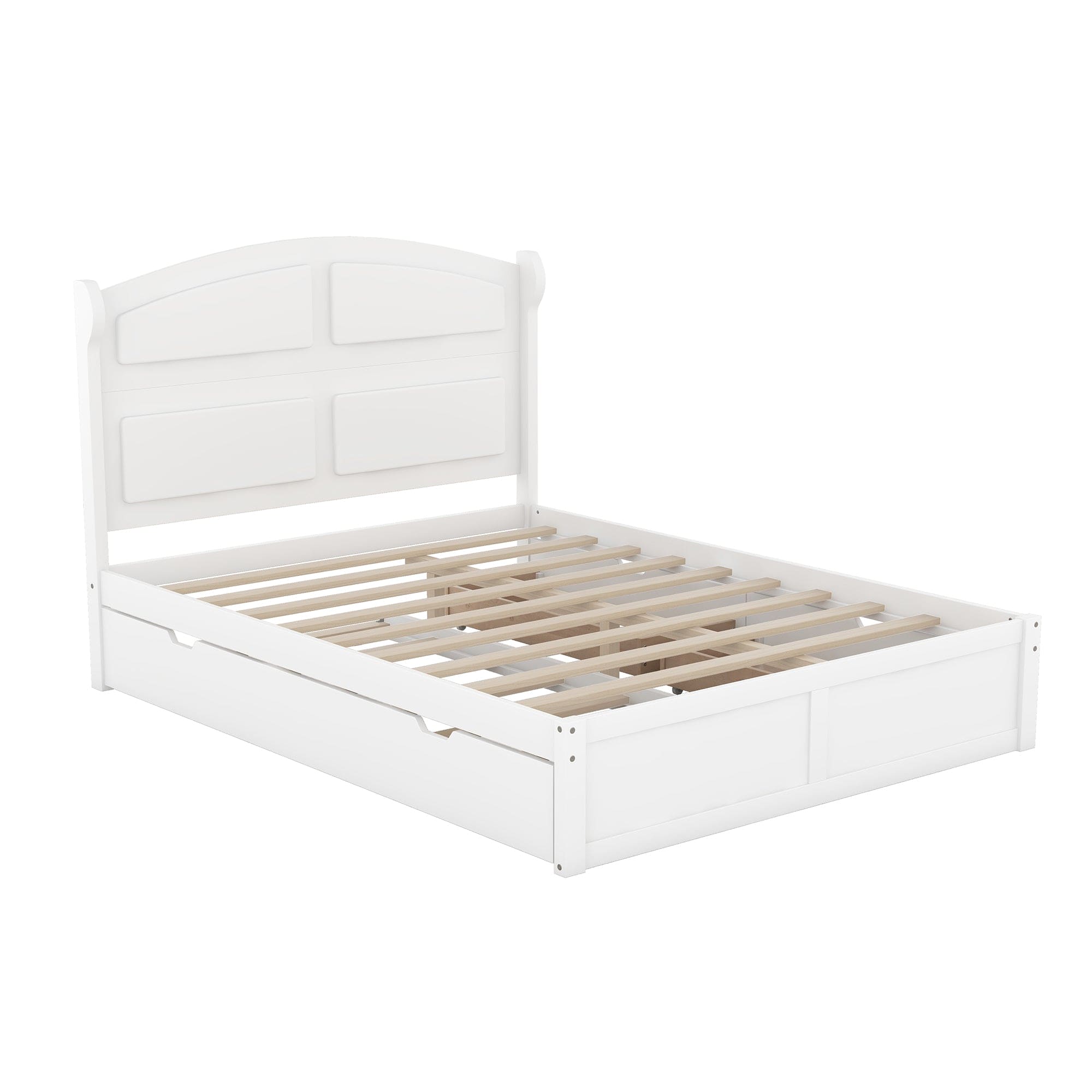 Wood Queen Size Platform Bed with Twin Size Trundle and 2 Drawers, White