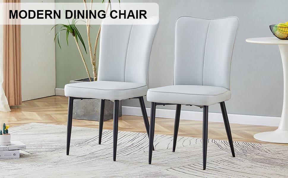 Modern minimalist dining chairs and office chairs. 2-piece set of light gray PU seats with black metal legs. Suitable for restaurants, living rooms, and offices. C-008