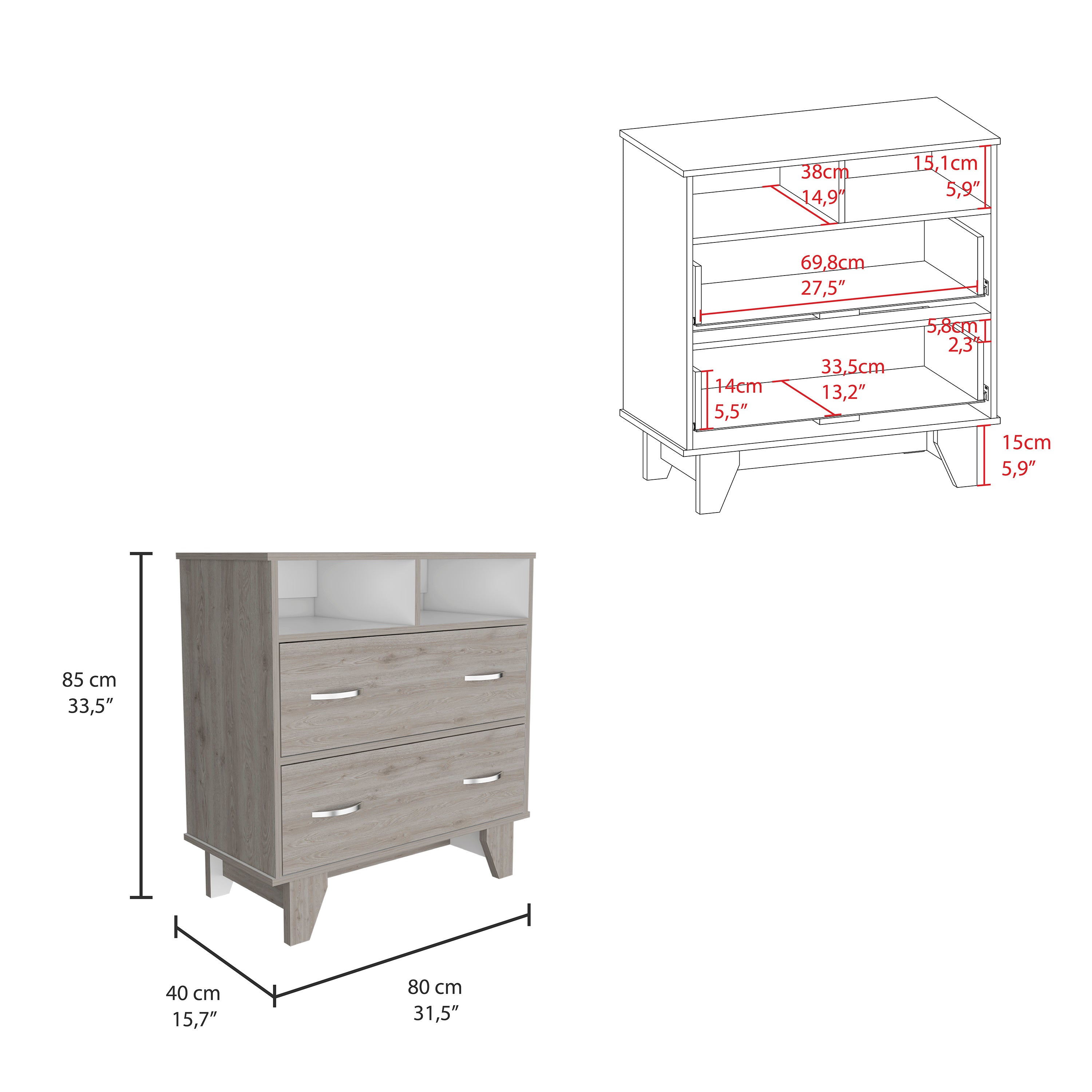 Portanova Two Drawer Dresser, Two Open Shelves, Superior Top,  Four Legs -Light Gray / White