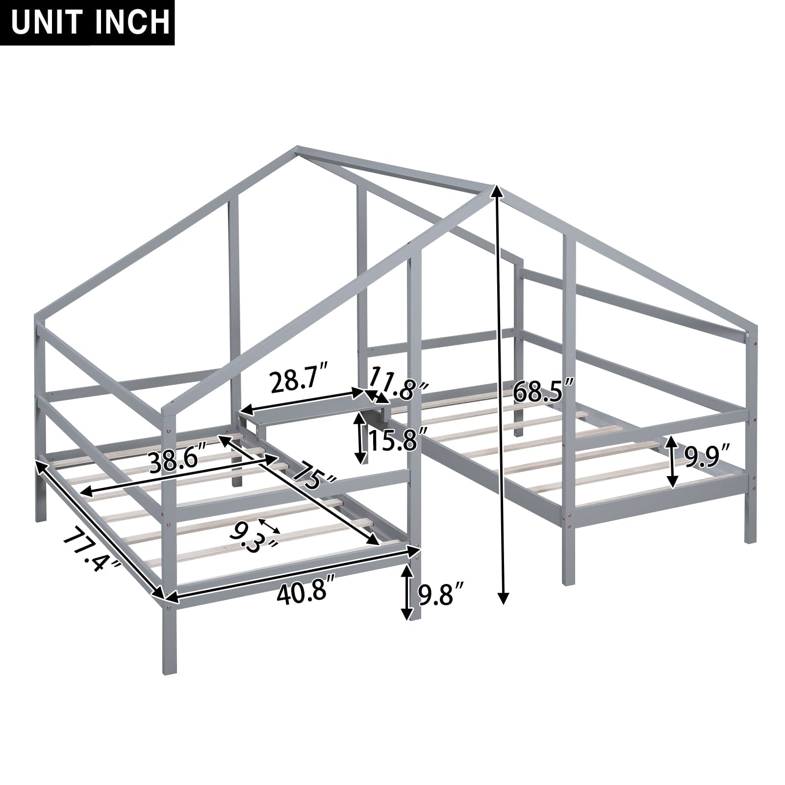 Double Twin Size Triangular House Beds with Built-in Table,Gray