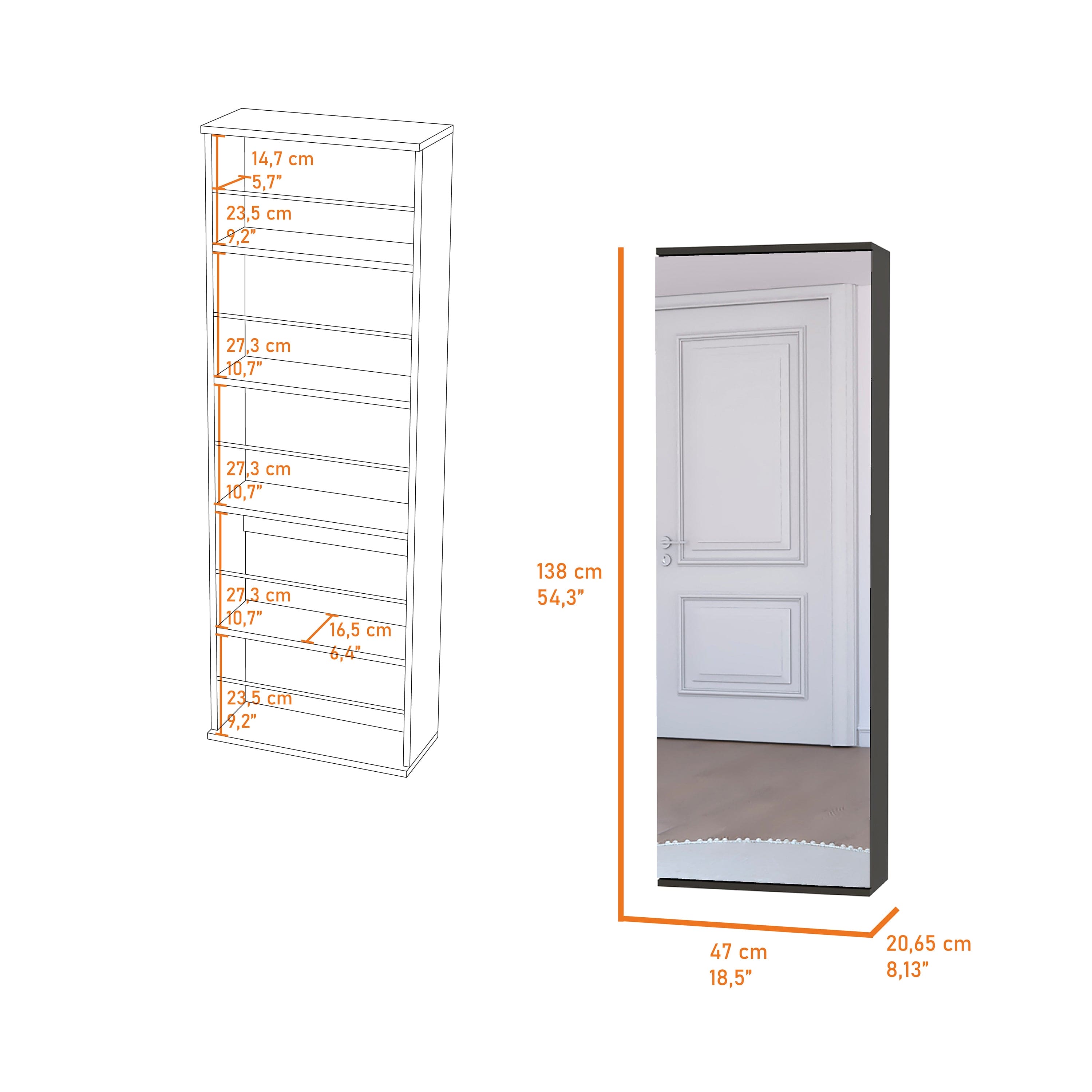 Wall Mounted Shoe Rack With Mirror Chimg, Single Door, Black Wengue Finish