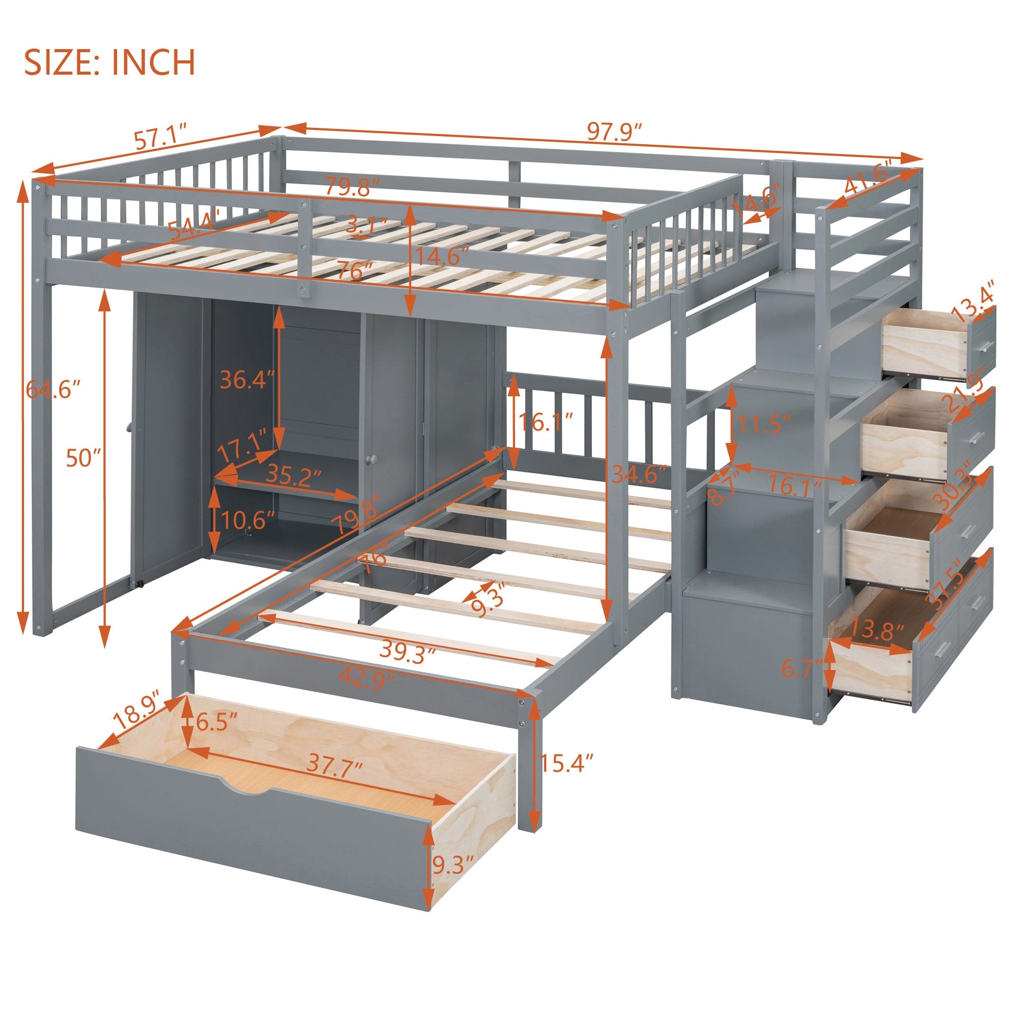 Full Over Twin Bunk Bed with Wardrobe, Drawers, Gray