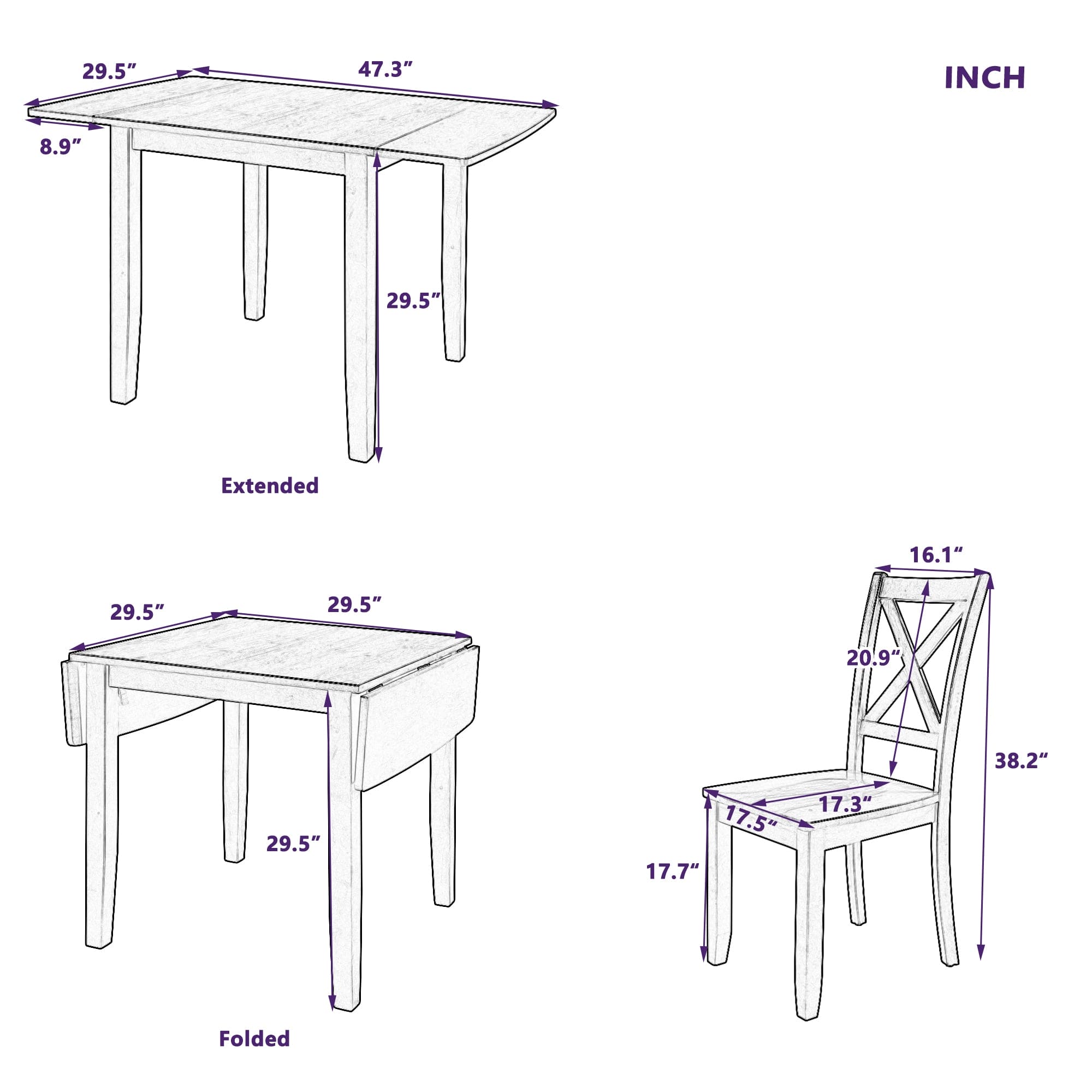 TOPMAX 3-Piece Wood Drop Leaf Breakfast Nook Dining Table Set with 2 X-back Chairs for Small Places, Espresso