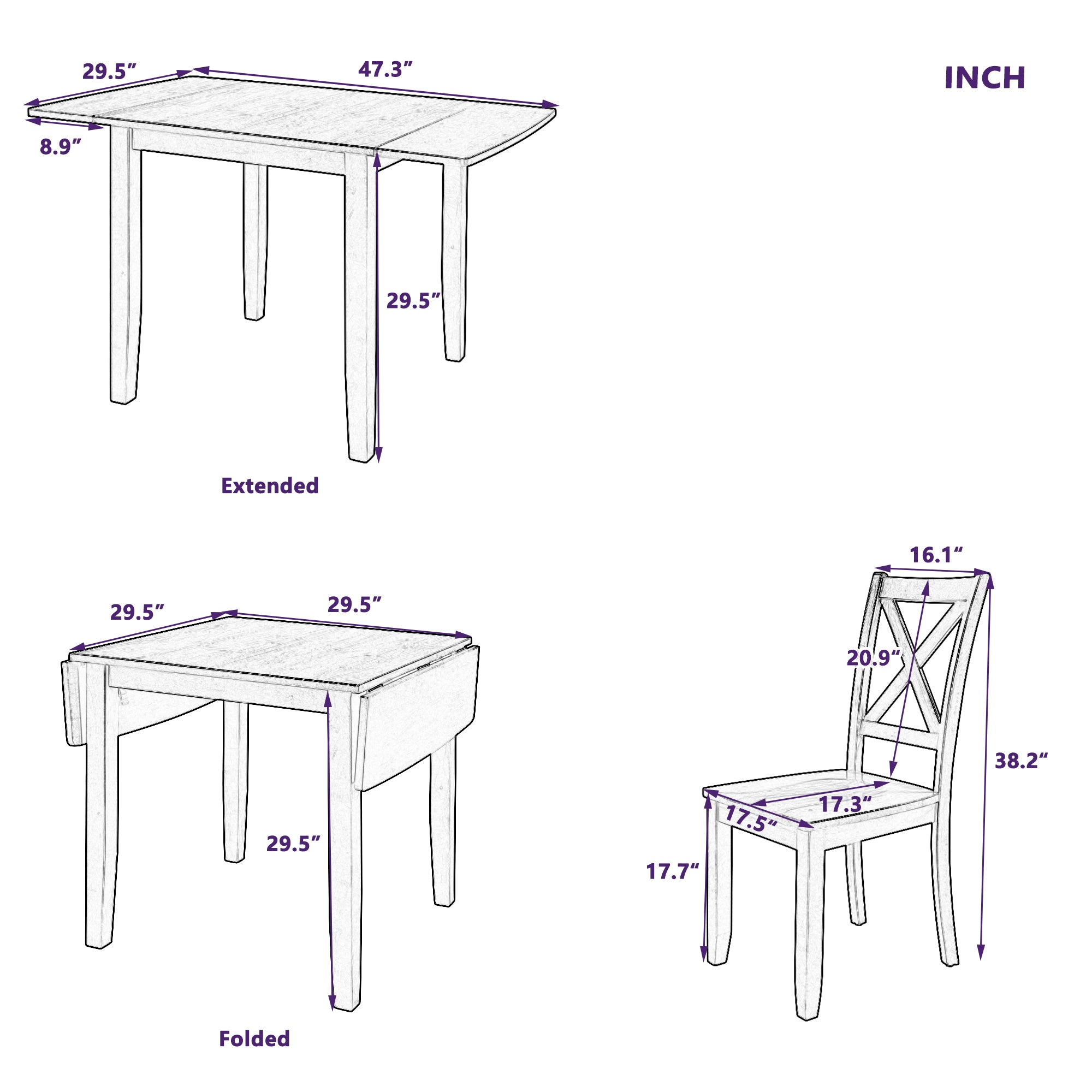 TOPMAX 3-Piece Wood Drop Leaf Breakfast Nook Dining Table Set with 2 X-back Chairs for Small Places, Brown