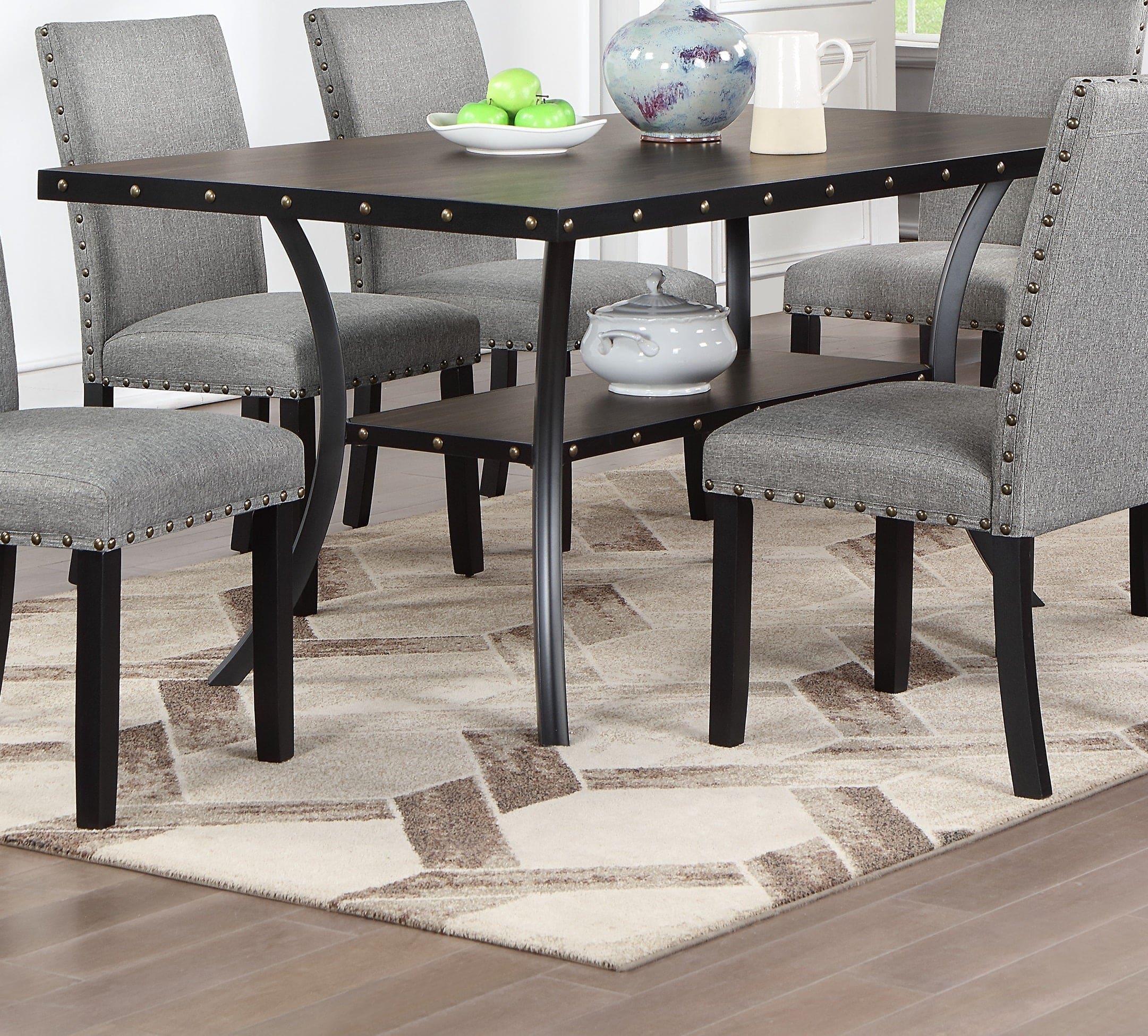 Modern Classic Dining Room Furniture Natural Wooden Rectangle Top Dining Table 6x Side Chairs Gray Fabric Nail heads Trim and Storage Shelve 7pc Dining Set