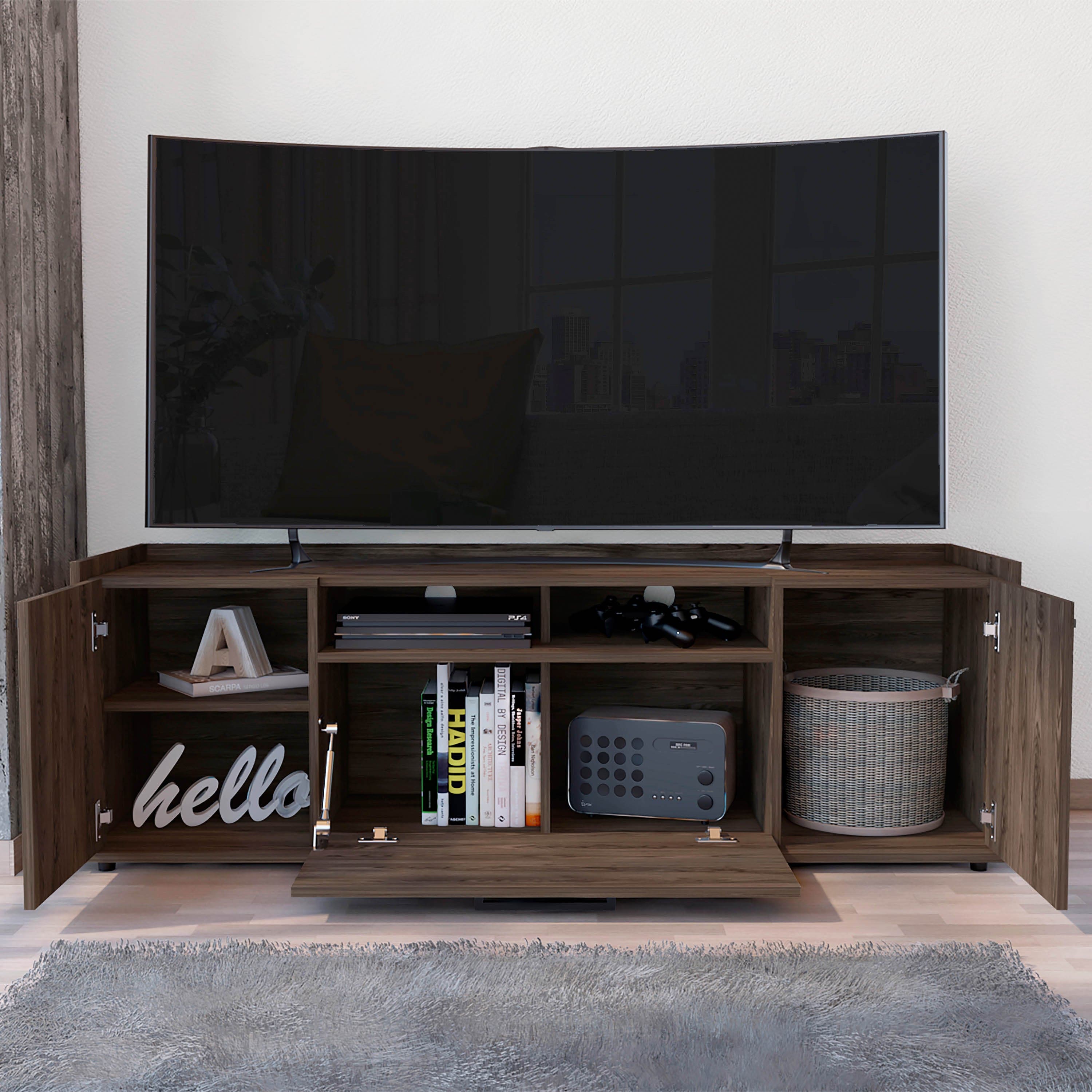 DEPOT E-SHOP Hollywood Tv Stand for TV´s up 60", Double Door Cabinets, One Flexible Cabinet, Dark Walnut