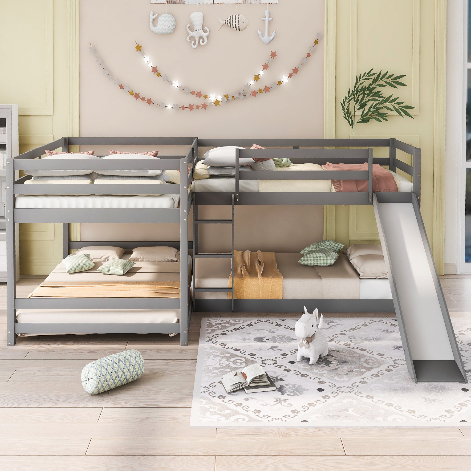 Full and Twin Size L-Shaped Bunk Bed with Slide and Short Ladder,Gray